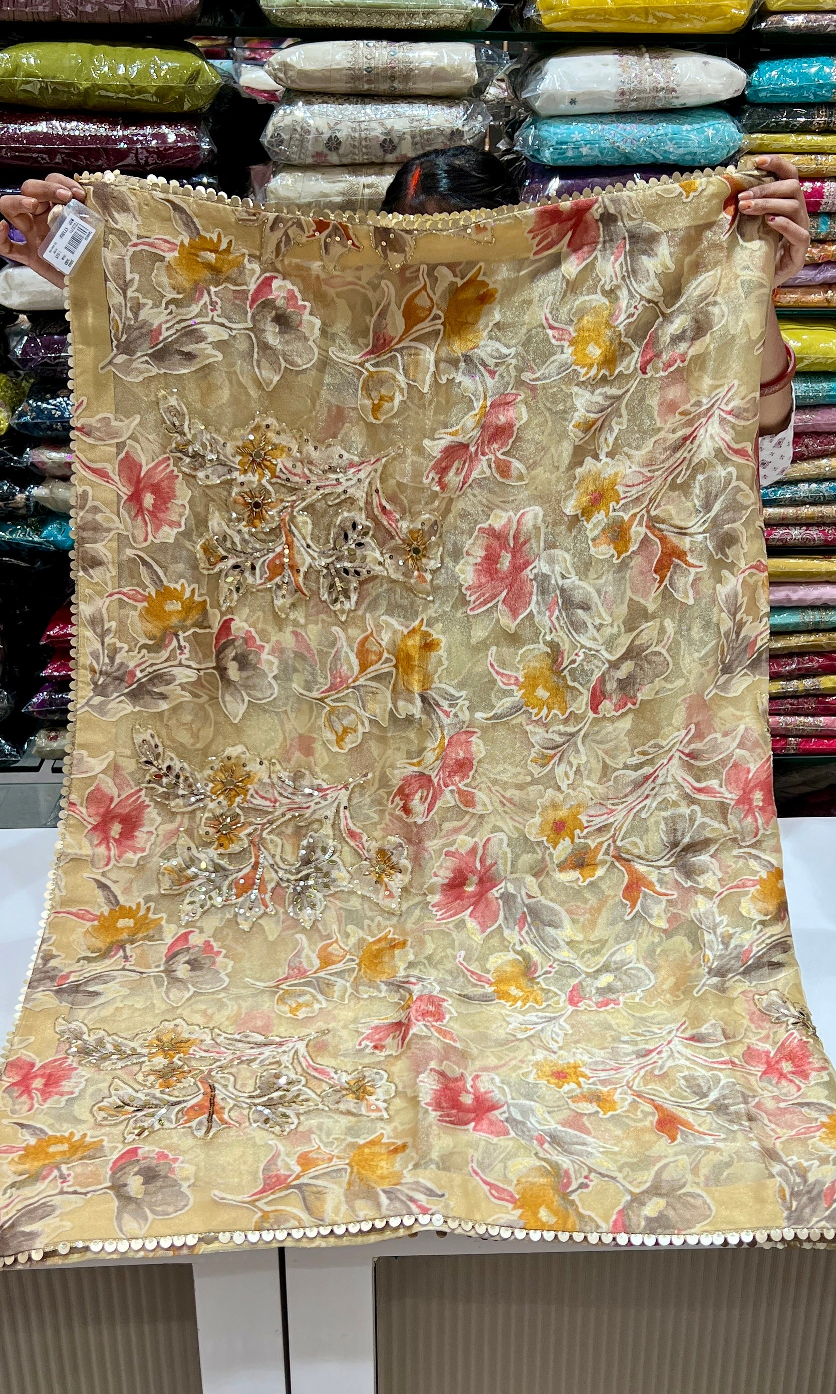 Cream saree with ready blouse