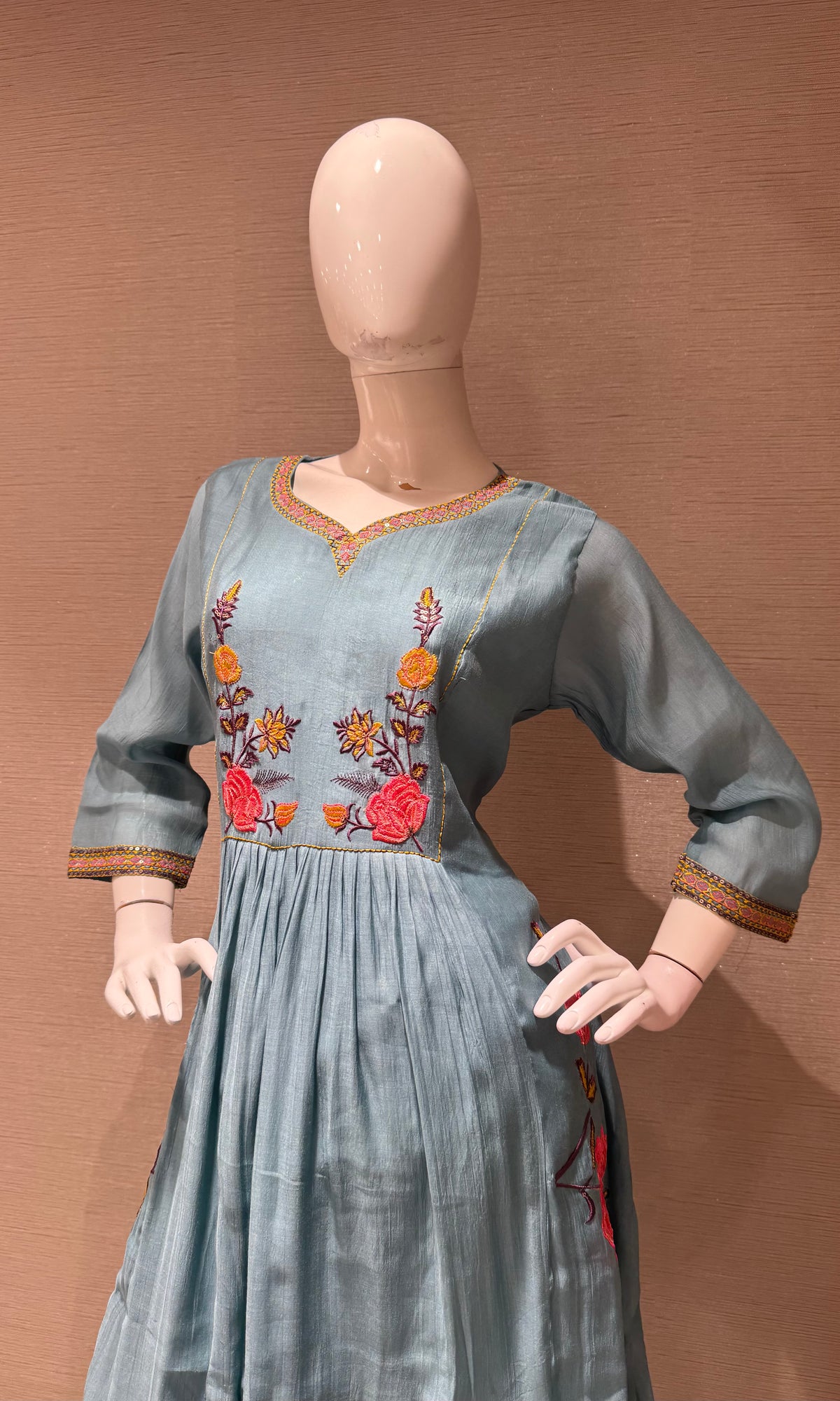 Blue Floral mul chanderi kurta set with dupatta