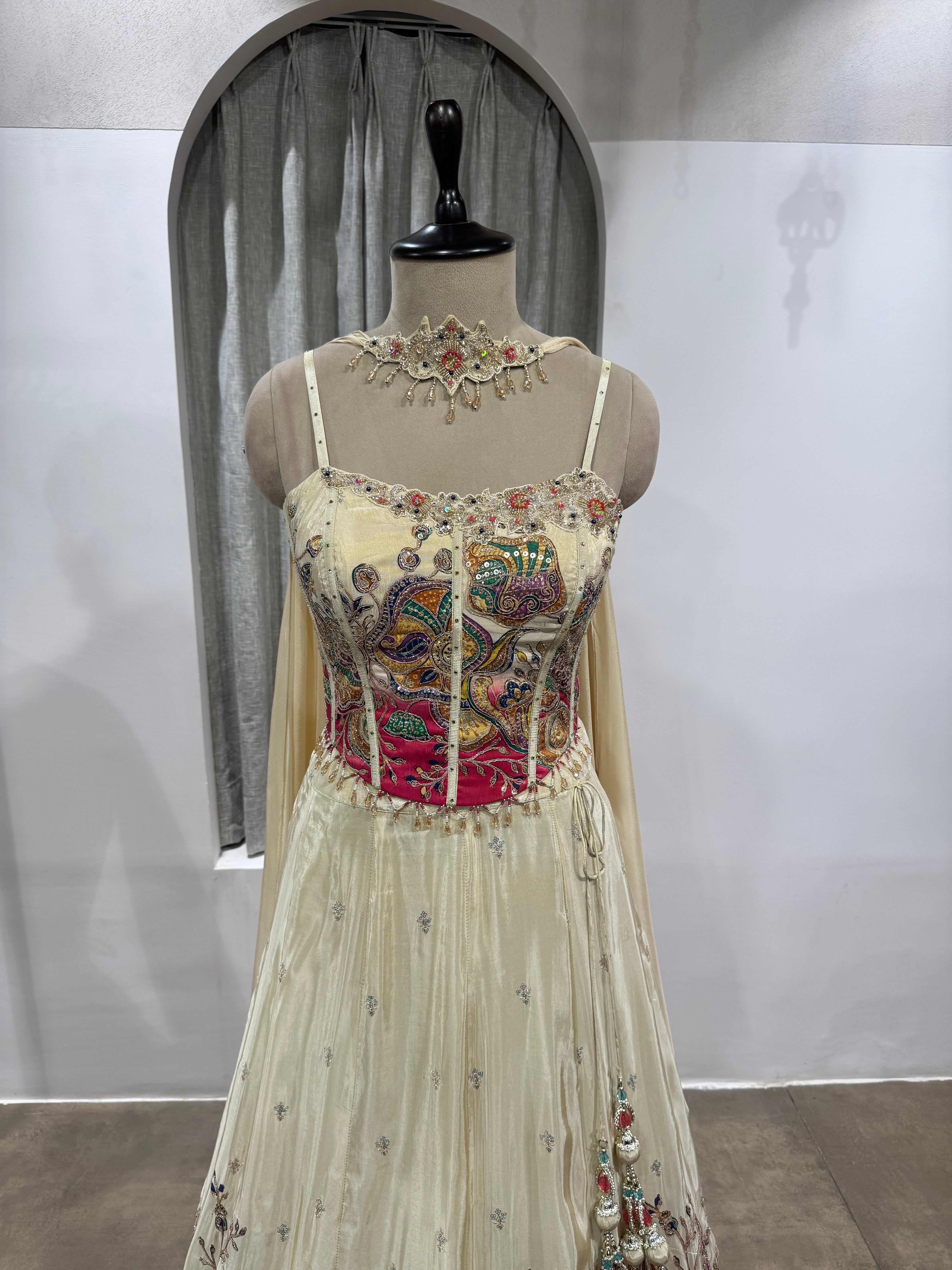 White and Pink corset Floral Multicolored Lehenga