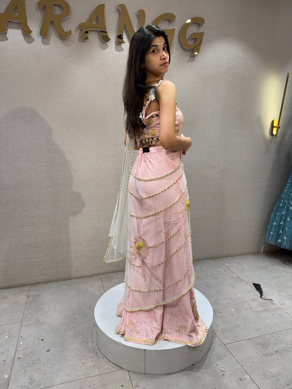 Baby pink palazzo with draped pallu