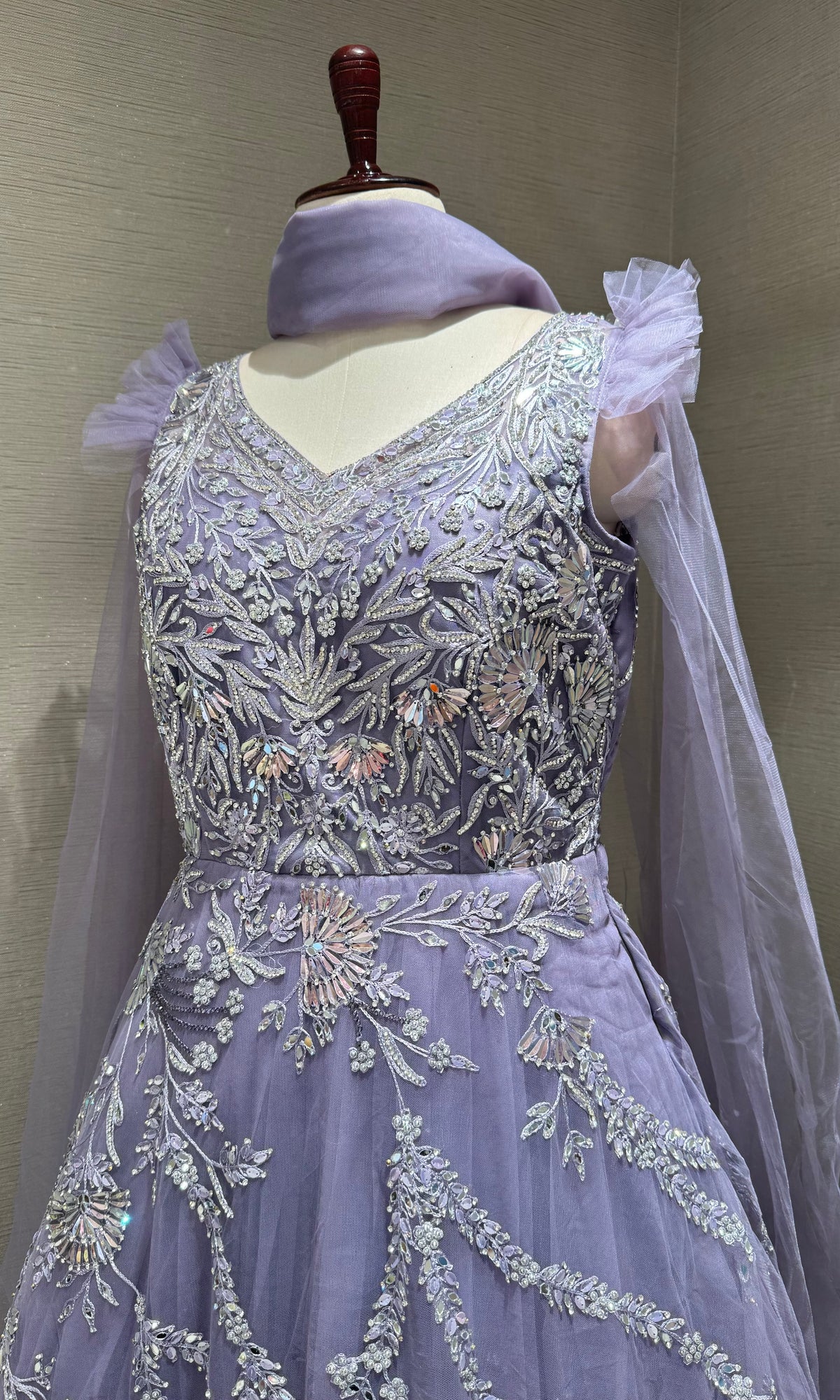 Purple Tulle Gown with Silver Floral Accents
