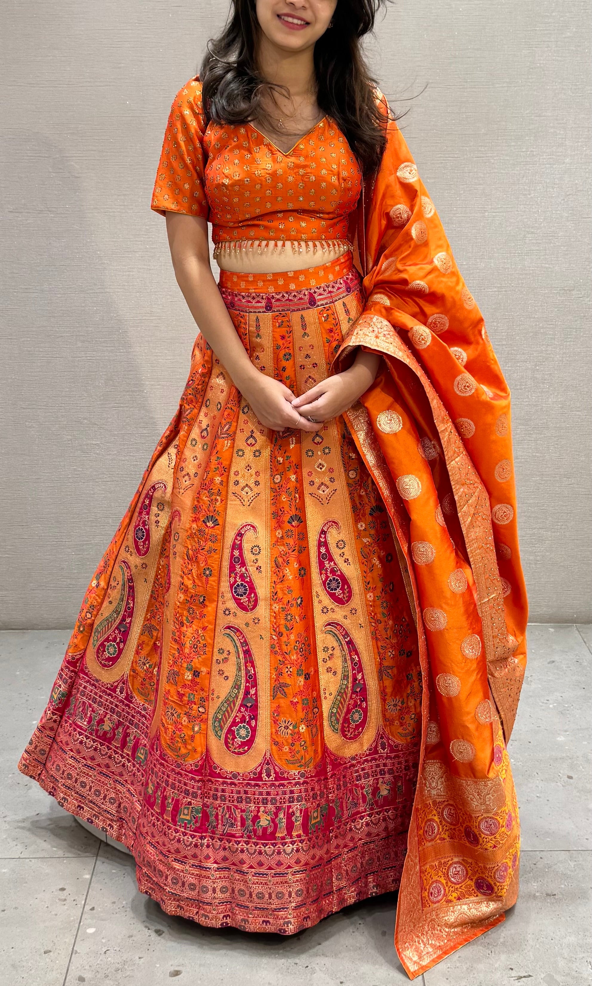 Sunset Orange Banarasi Silk Lehenga