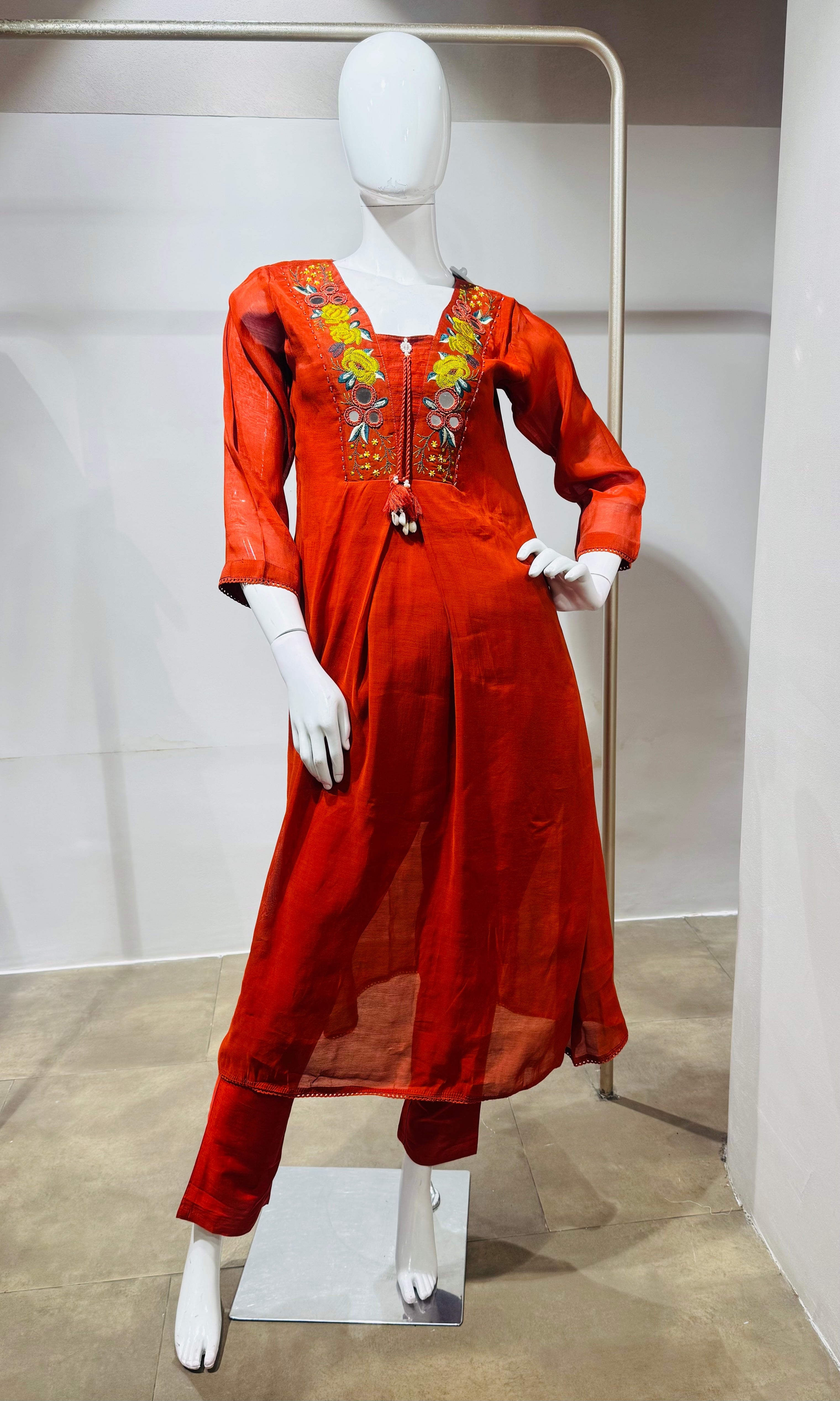 Rust Ethnic Kurta Set with Multicolored Neckline