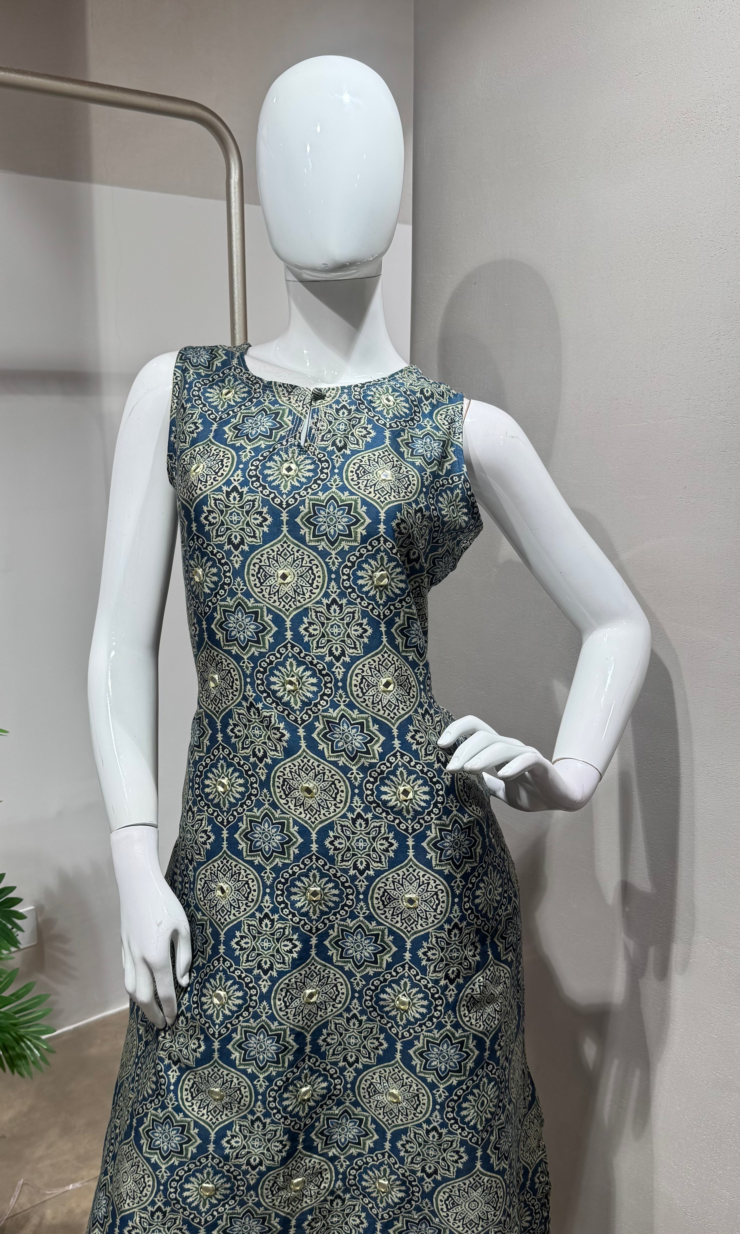 blue printed silk KURTI WITH BOTTOM