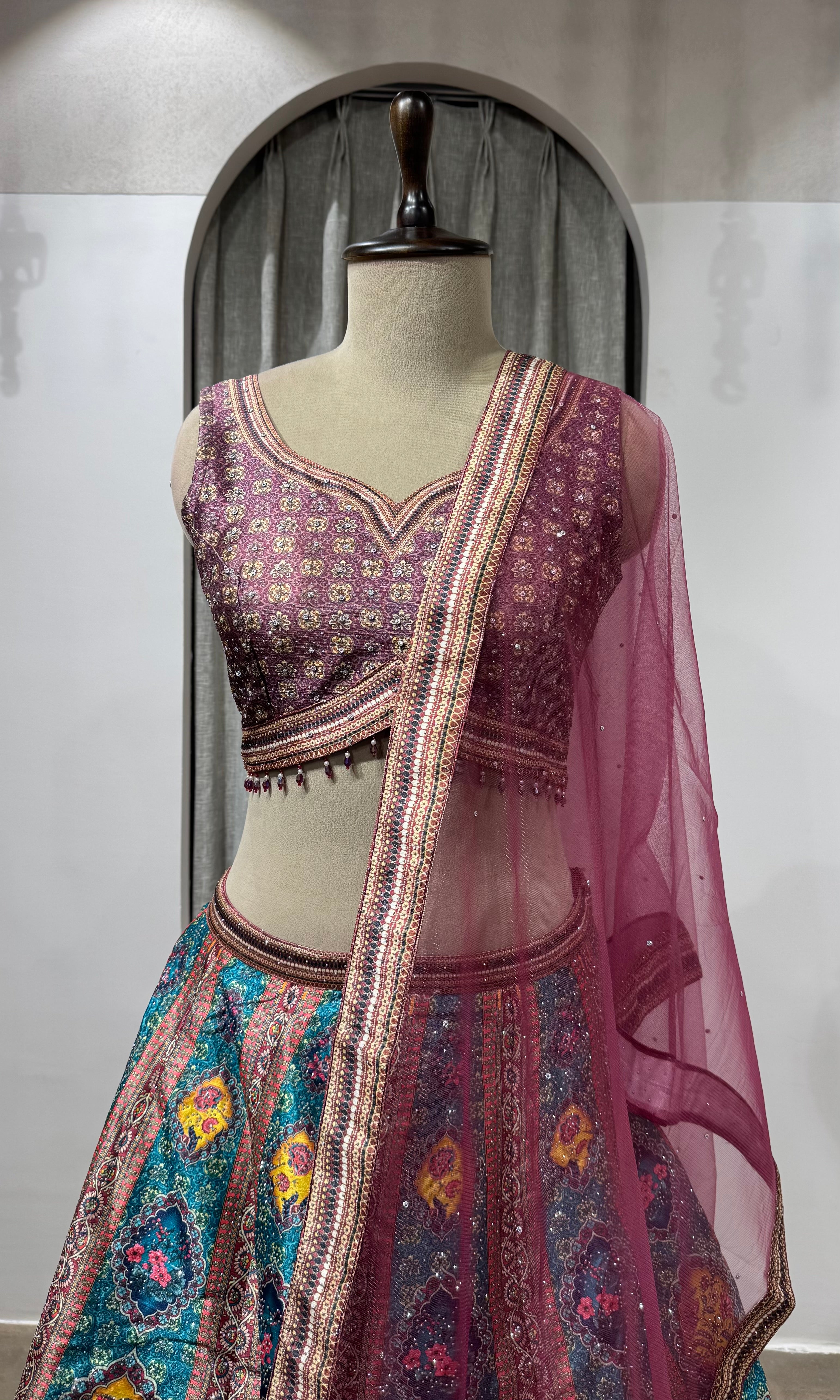 Wine Multi-Panelled Banarasi Silk Bridal LEHENGA