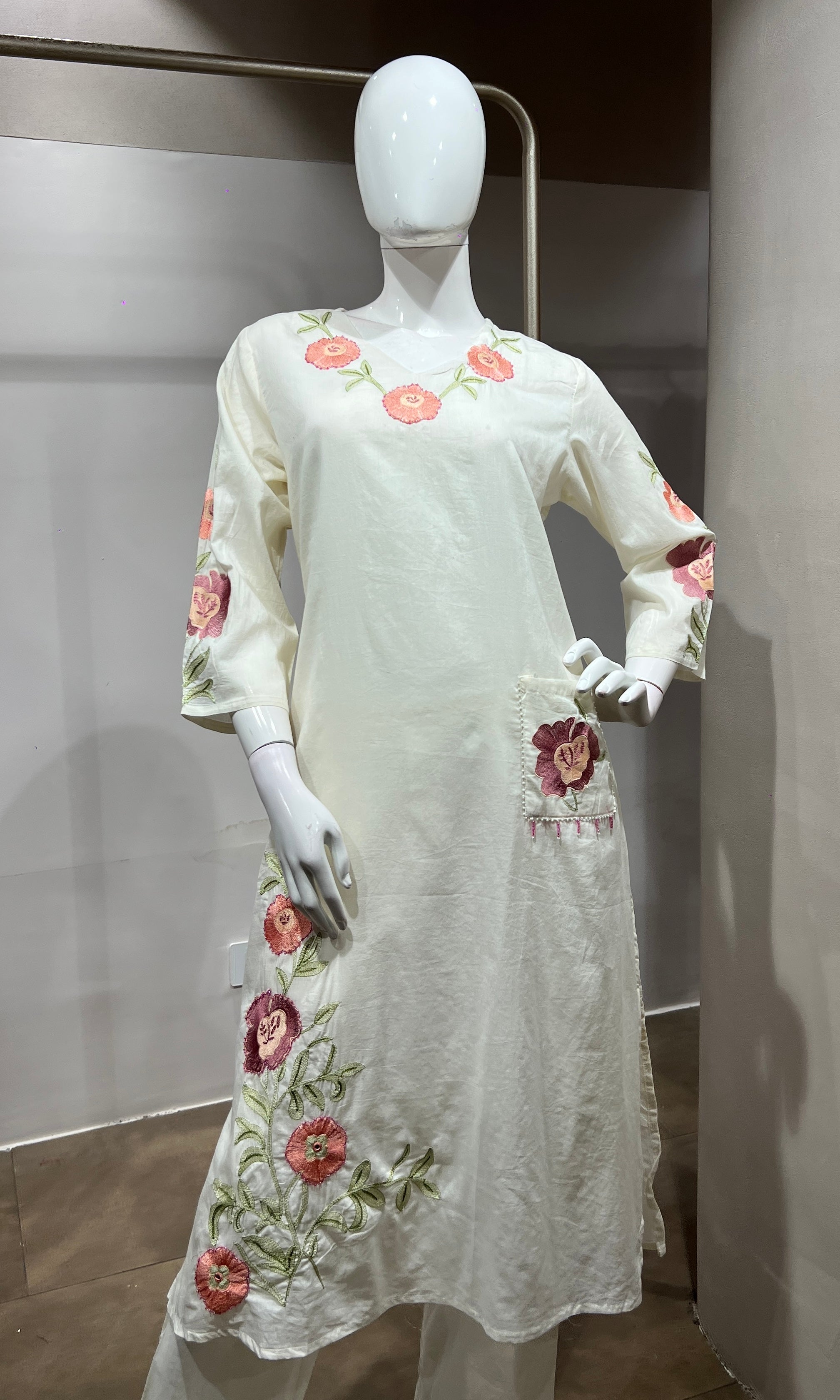 White Silk Kurta set with Rose Embroidery