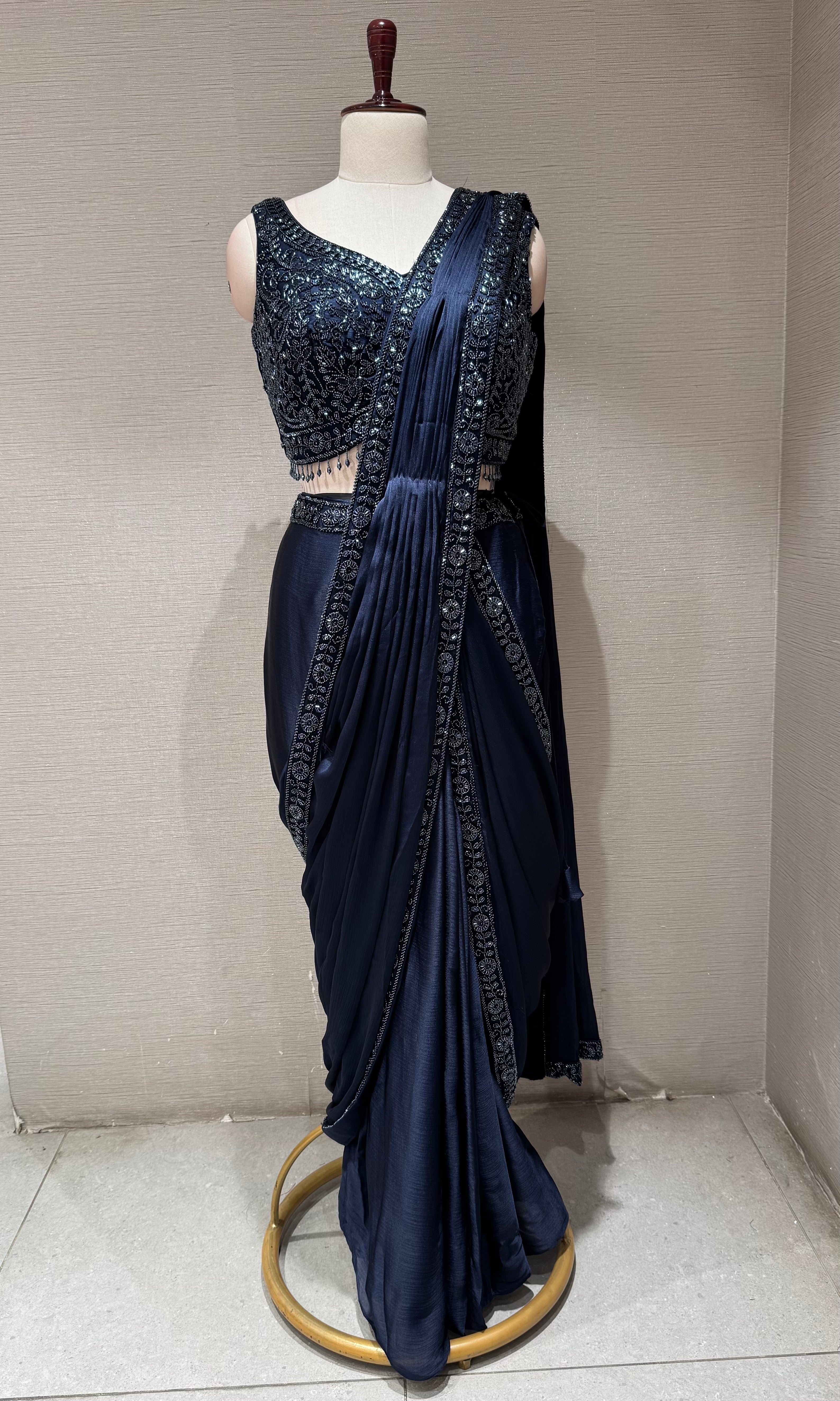 Navy Blue Embellished Draped Saree with Ethnic Blouse