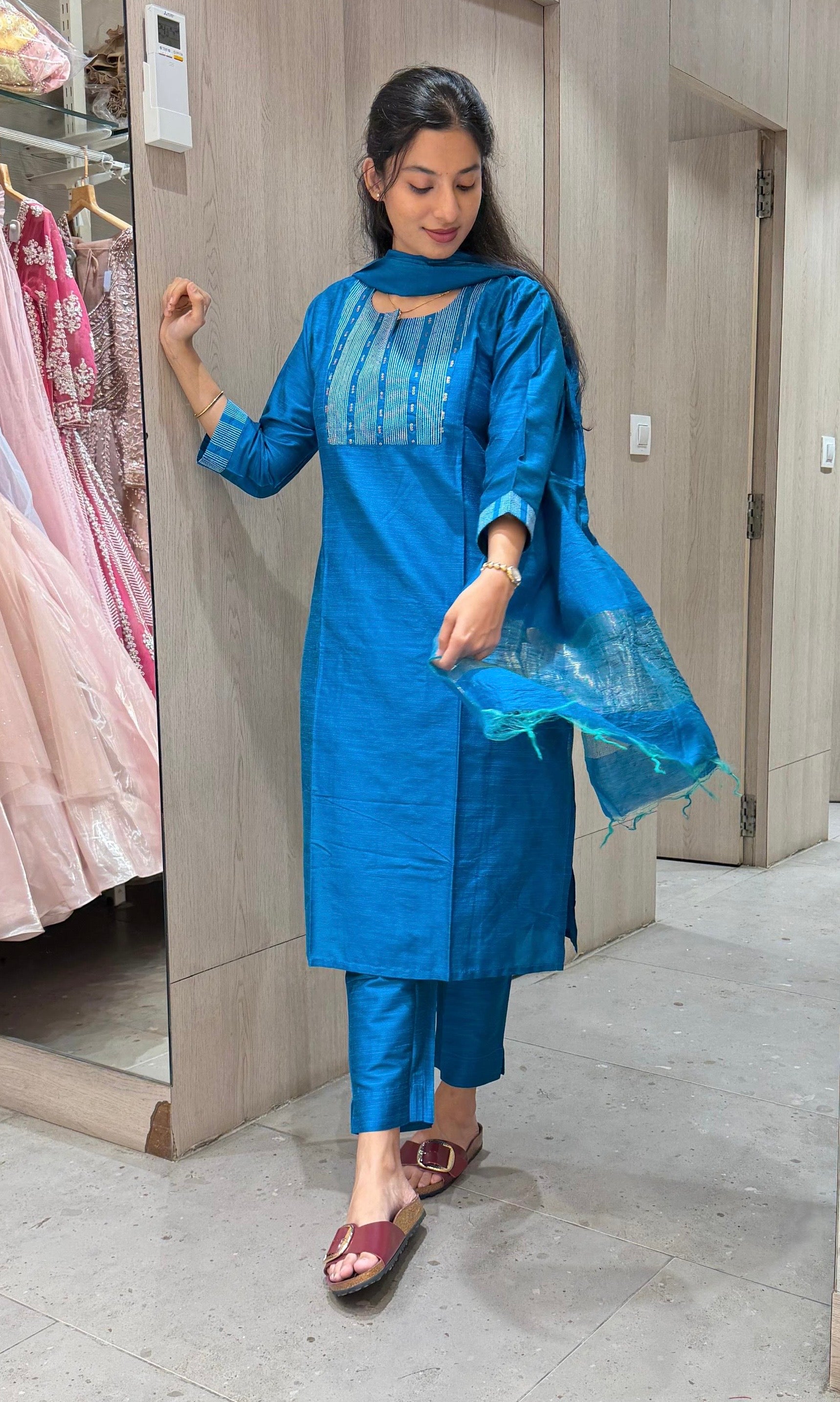 Blue Silk Straight Kurta Set with Dupatta