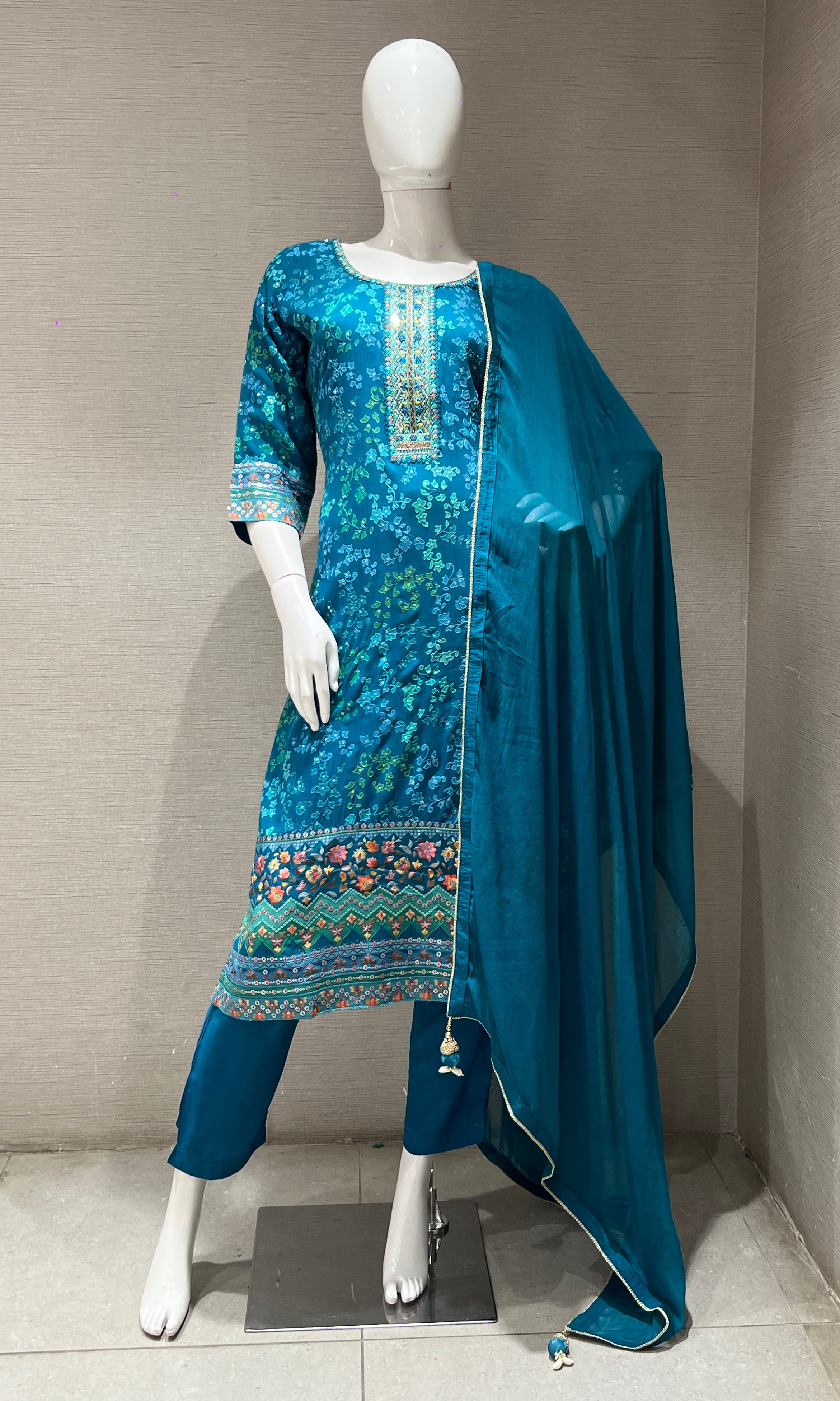 Sea green floral print kurta set
