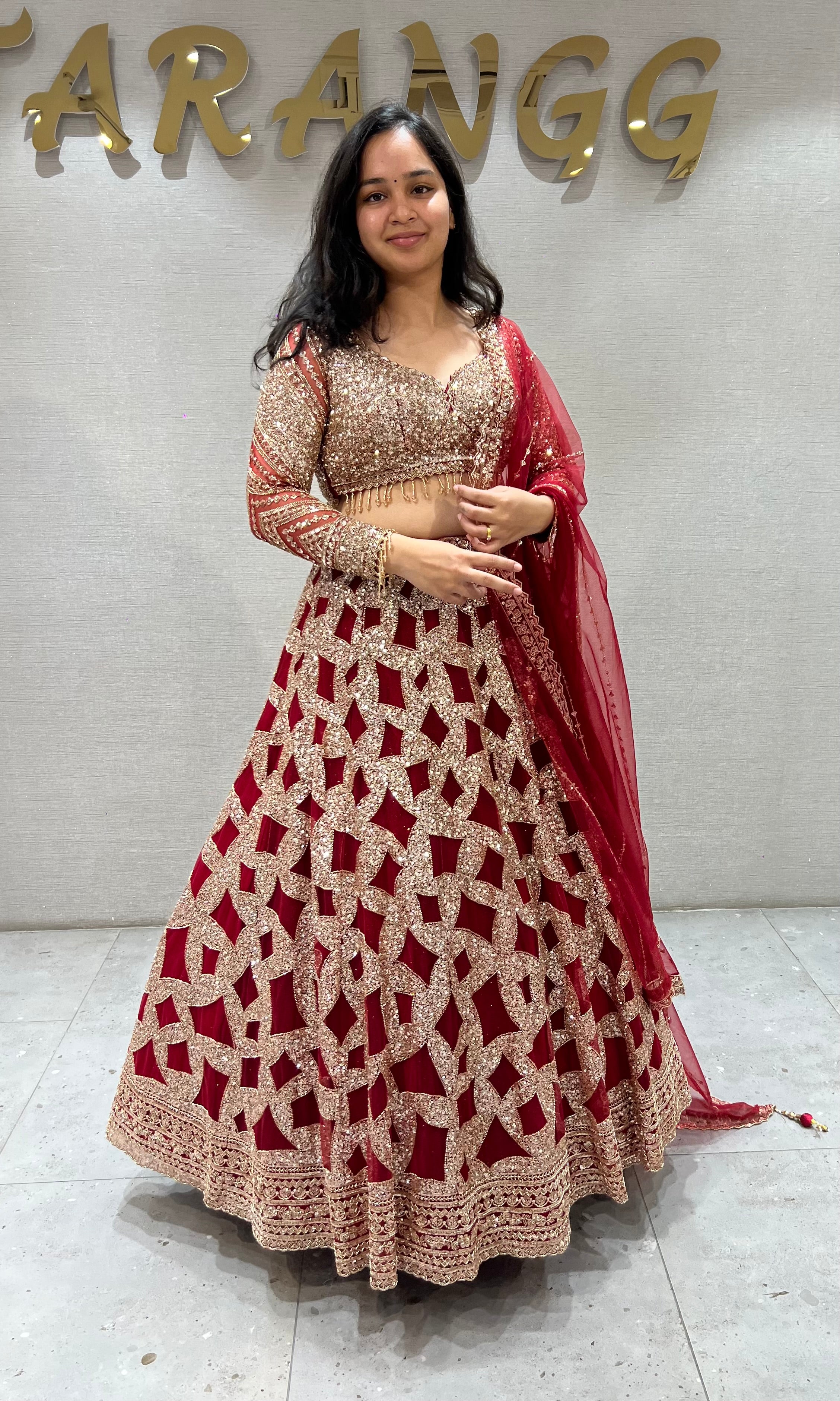 Maroon Geometric golden Bridal Lehenga