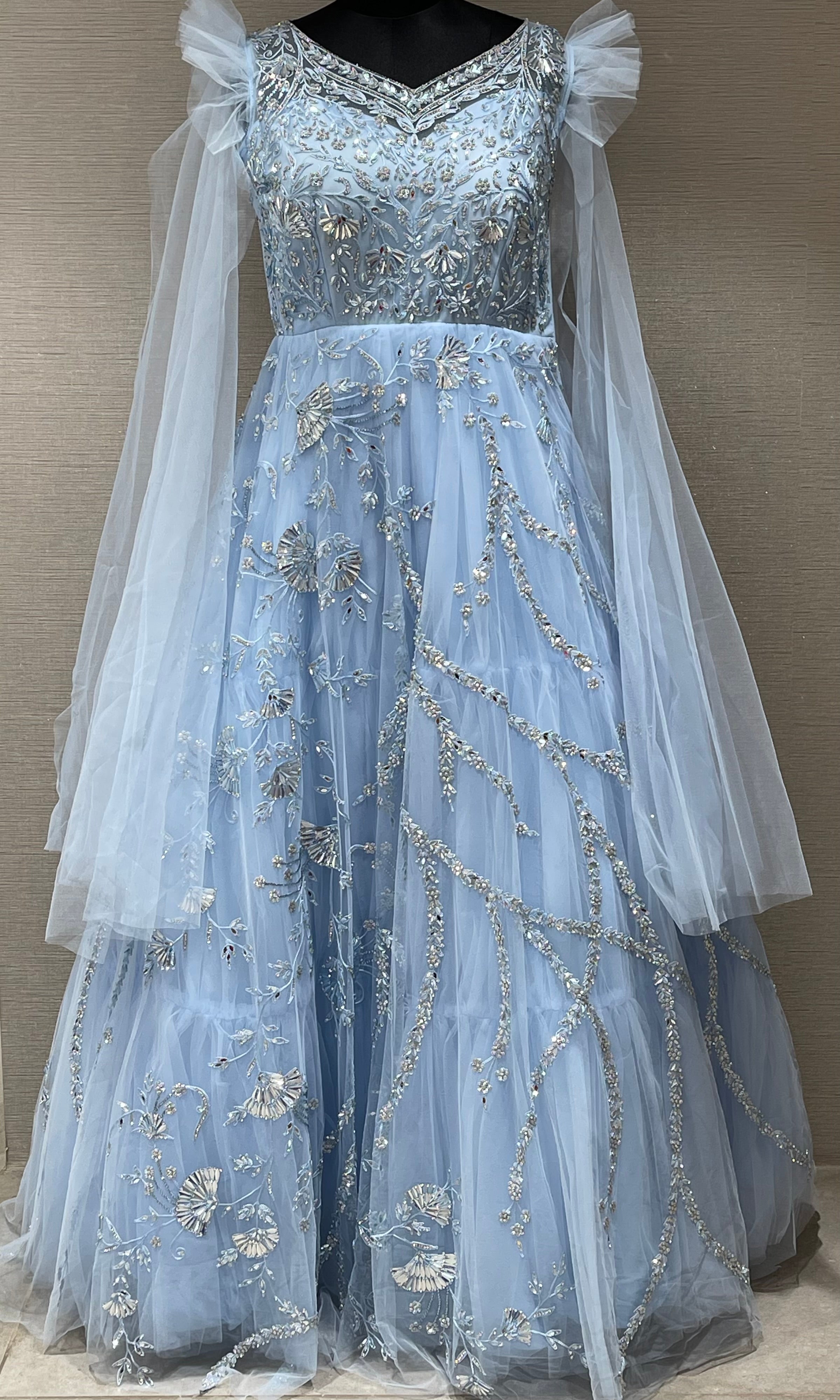 Sheer-Corset Long Blue Formal Dress with Puff Sleeves