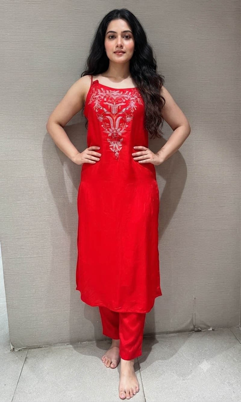 Ruby Red Floret Embroidered Kurta set