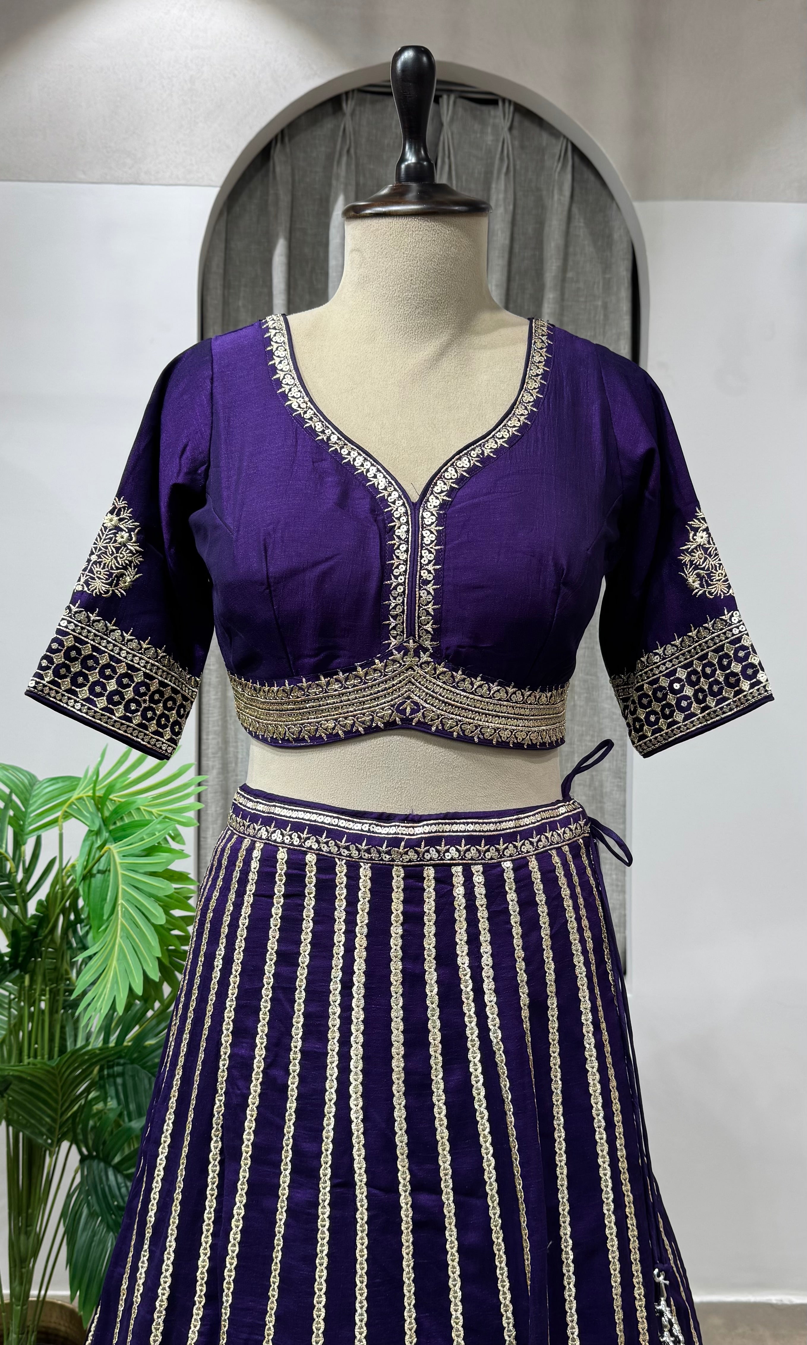Purple Georgette Sequins Embroidery Lehenga