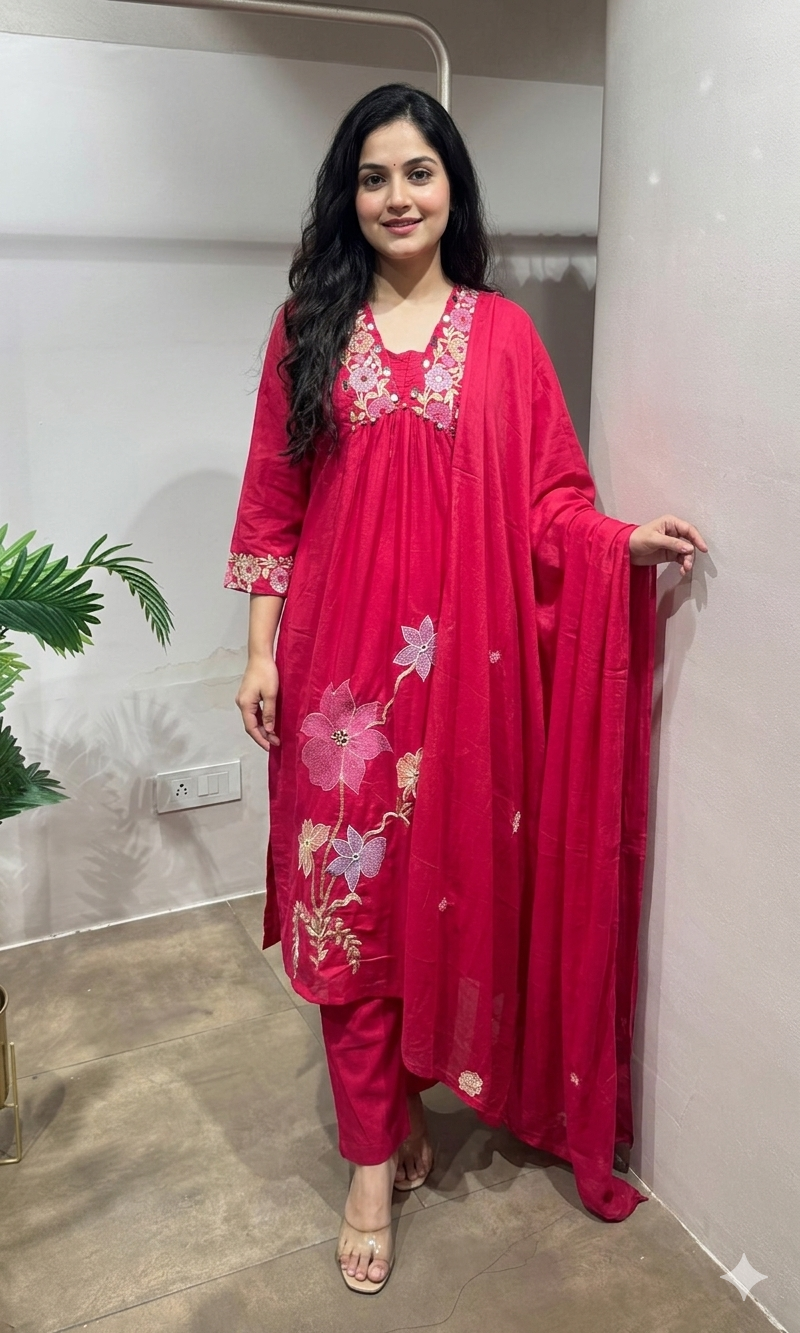 Pink Floral Embroidered Kurta set