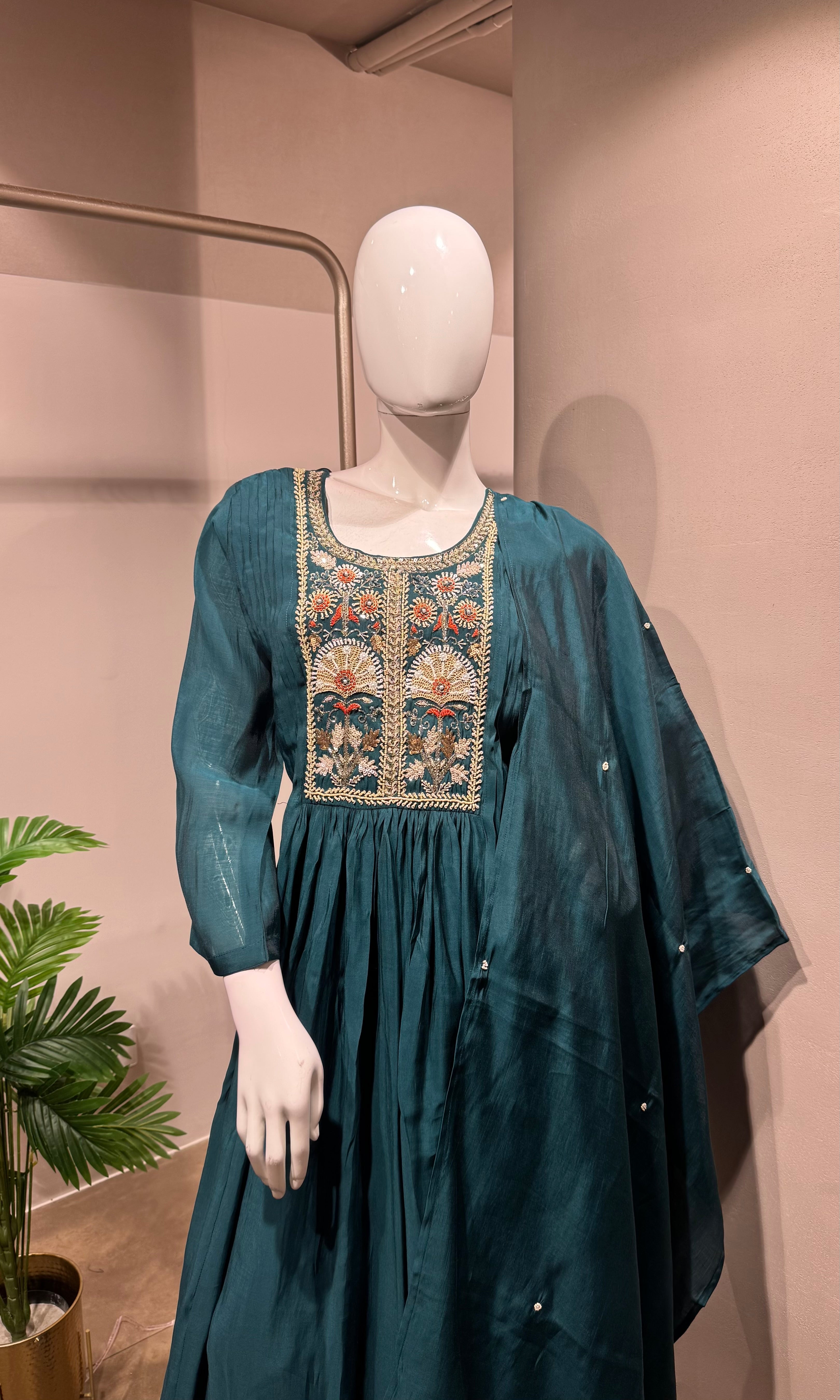 Teal blue embroidered kurta set