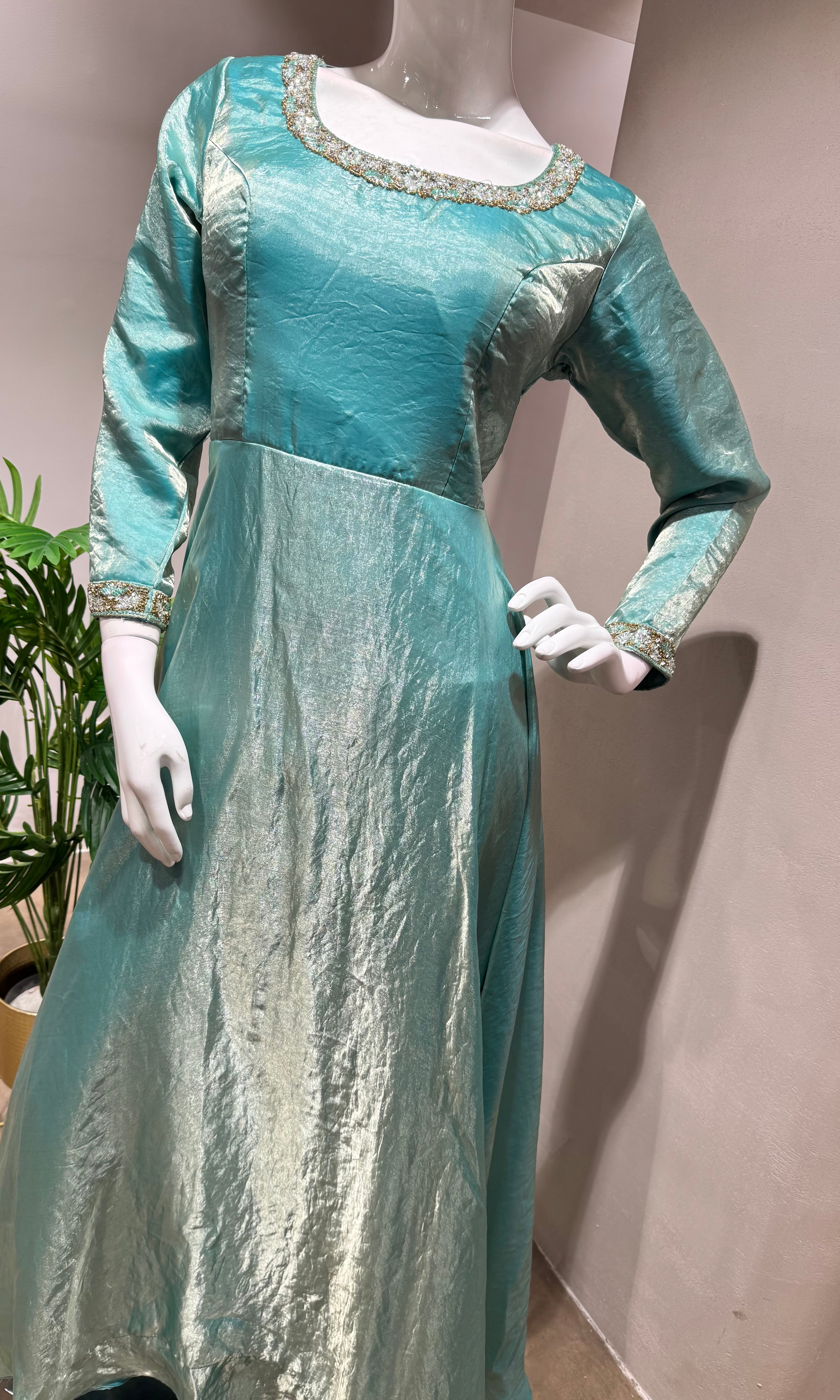 SEA GREEN TISSUE CRYSTAL WORK ANARKALI