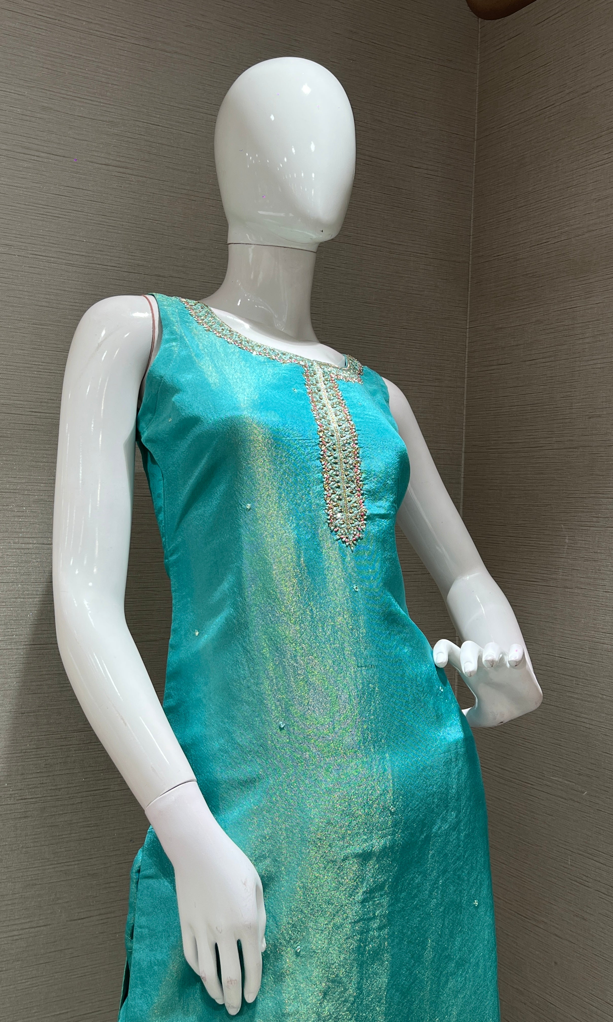 sea blue kurta set with floral printed dupatta