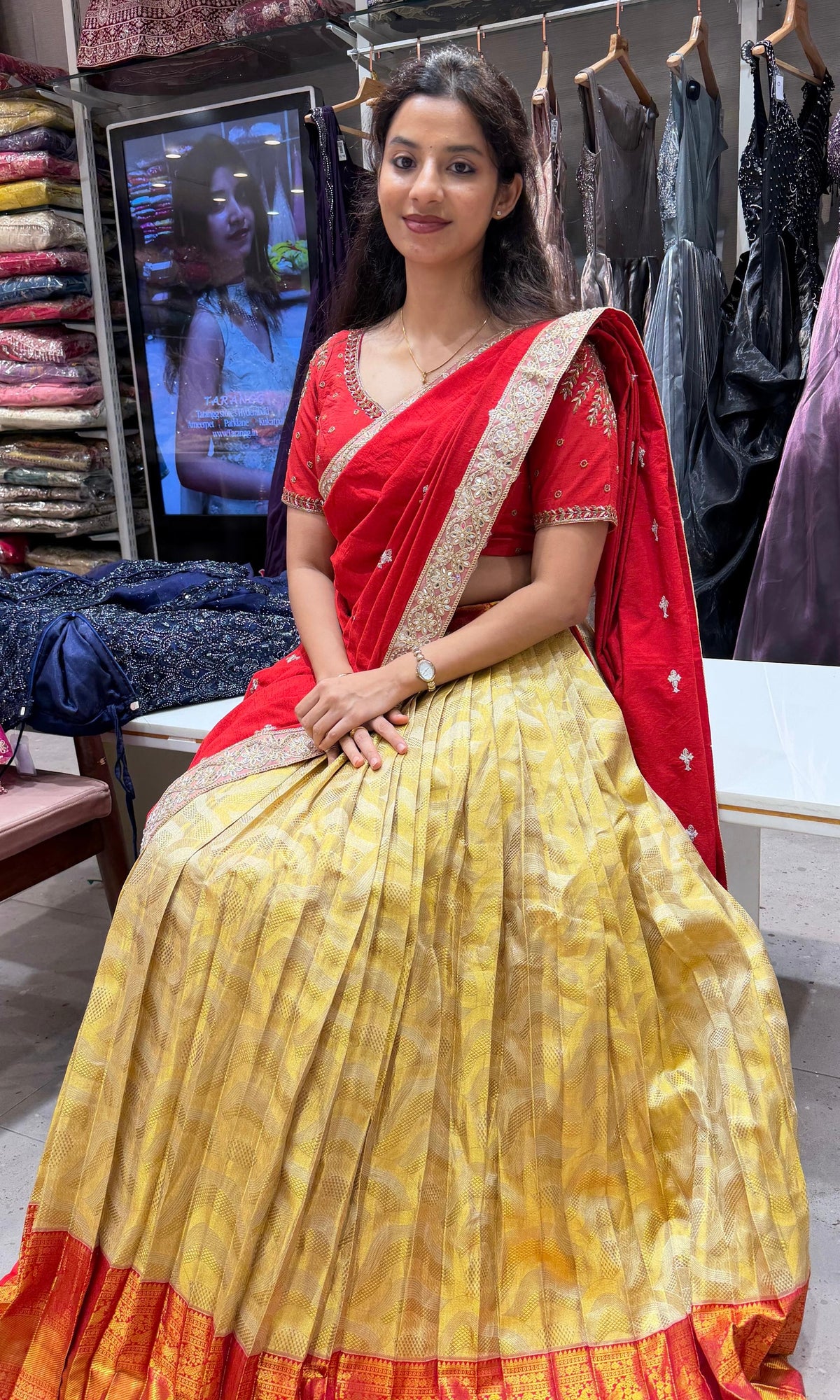 Red and gold banarasi pattu lehenga set