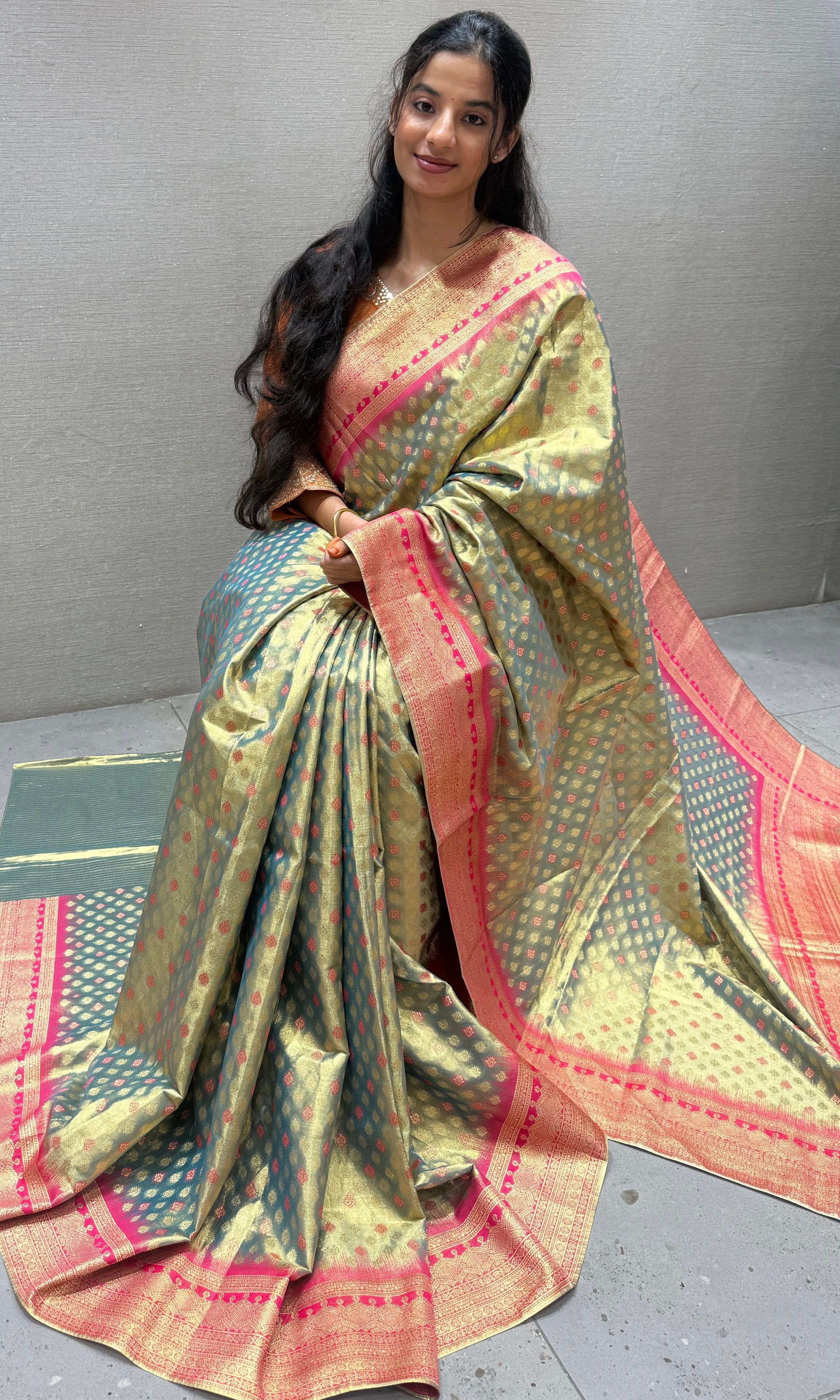 Pink saree with ready blouse