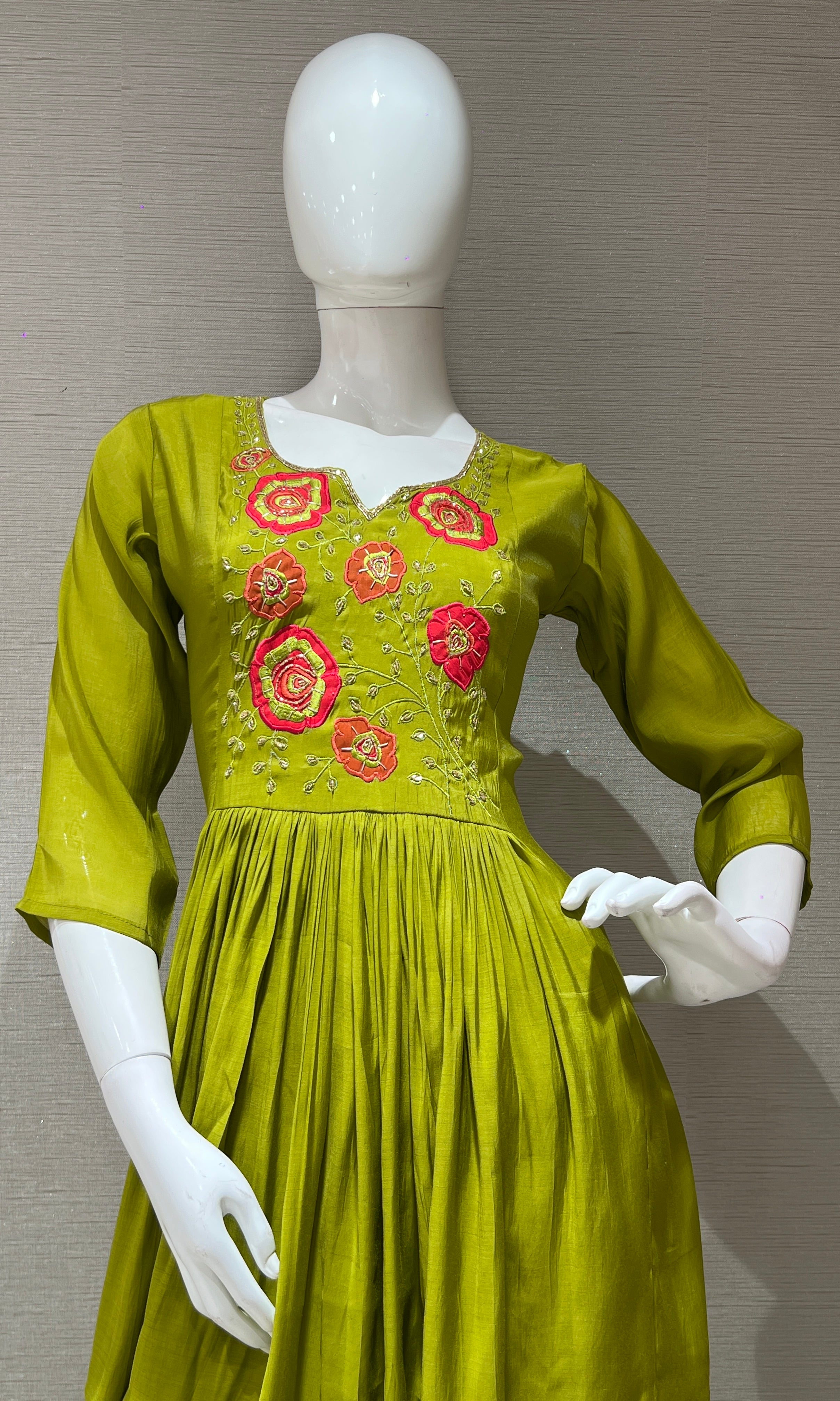 Green Floral Mul Chanderi kurta set
