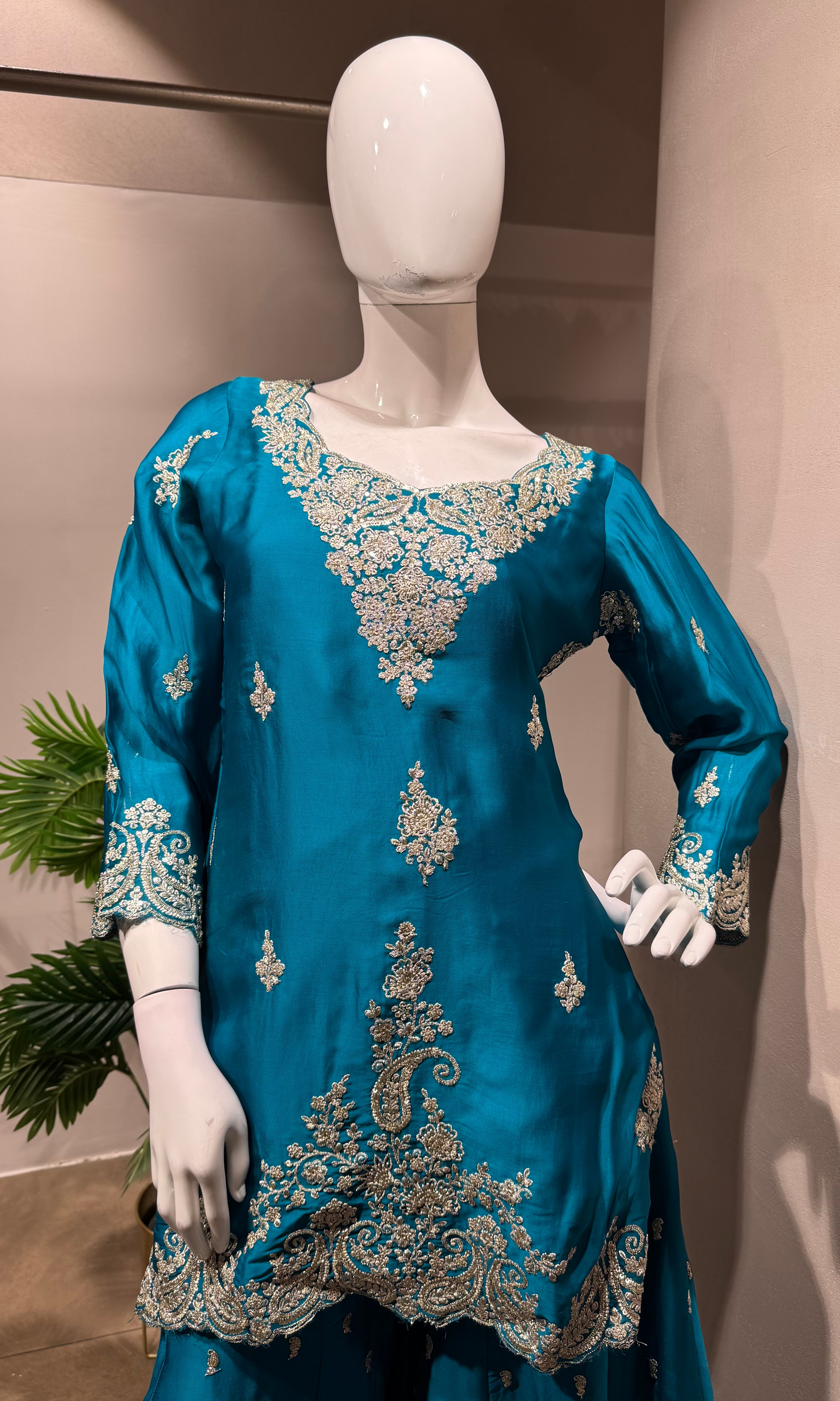 rama Designer Chinon Silk Embroidered Sharara Set