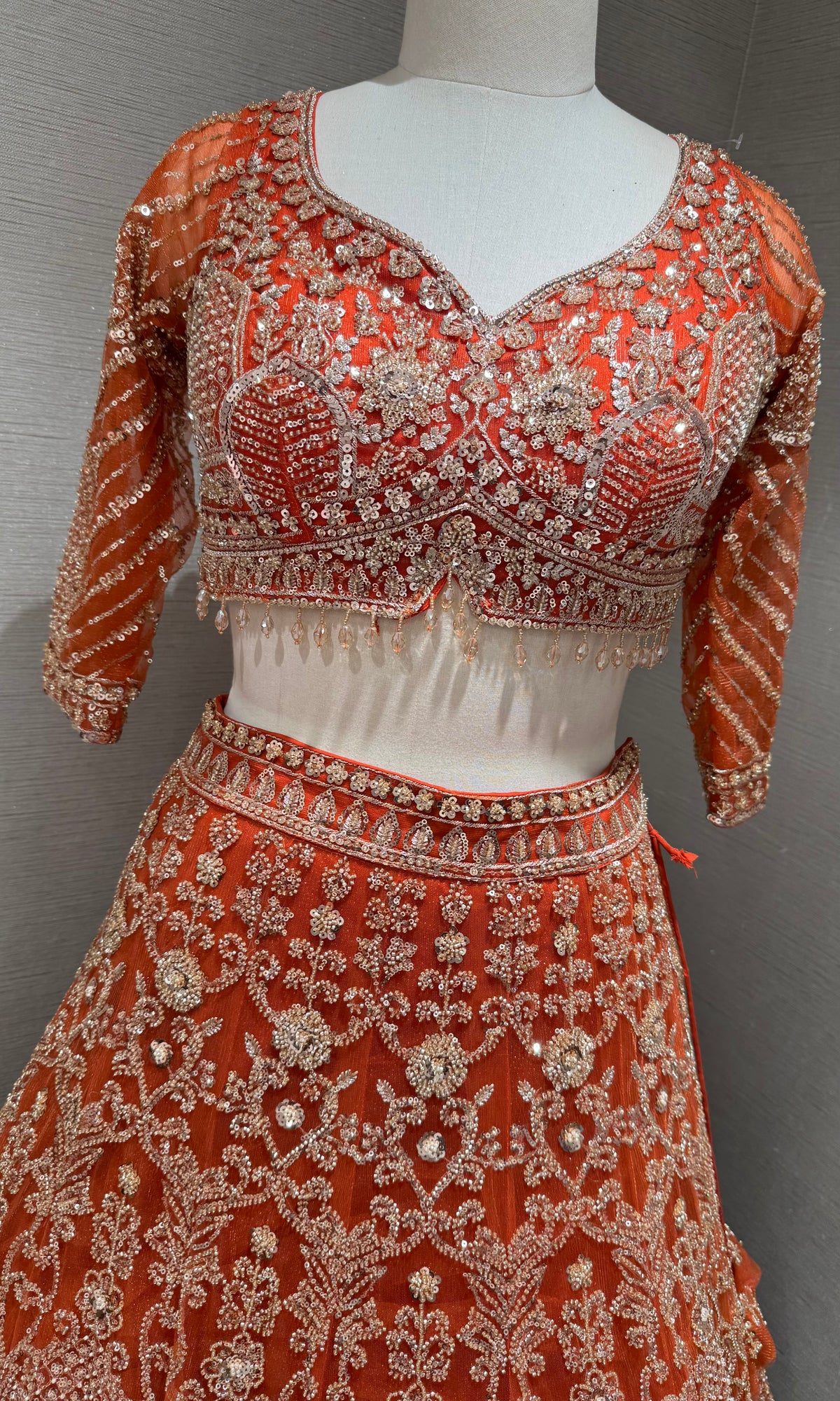 Rust Orange Georgette Motif Bridal Lehenga Set