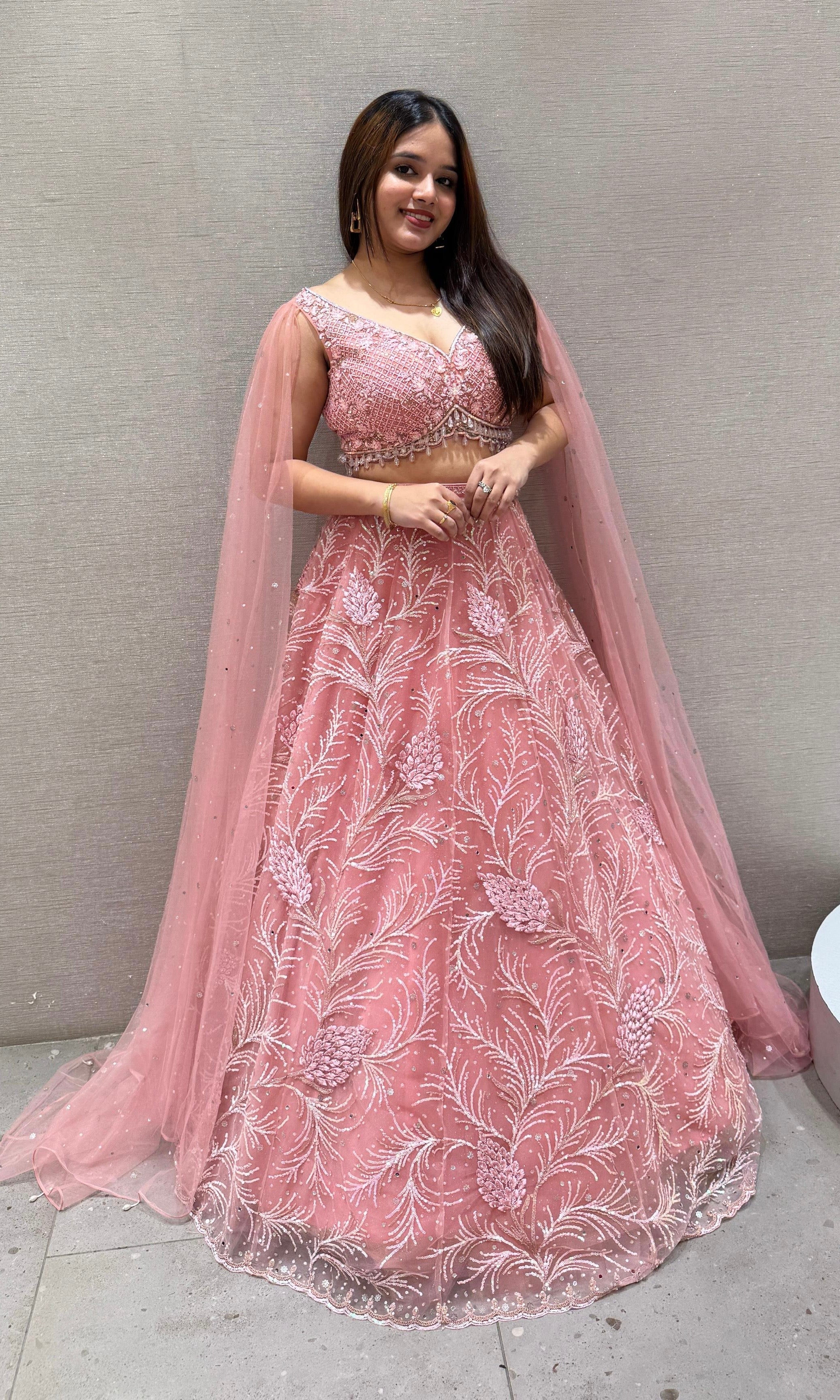 Peach butterflies sleeves Lehenga