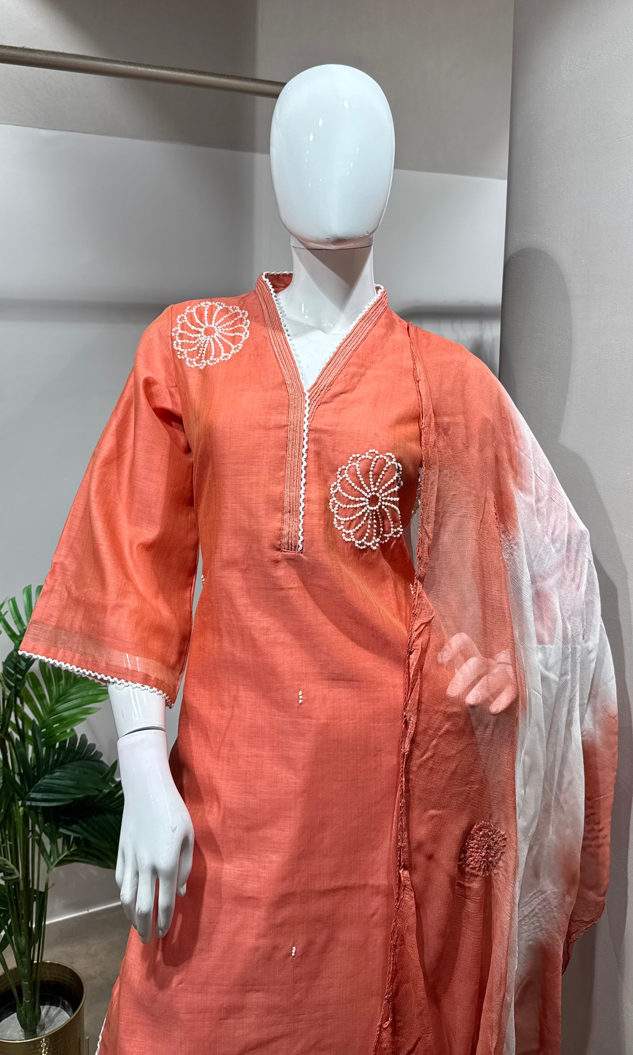 Peach Embroidered Straight Kurta set