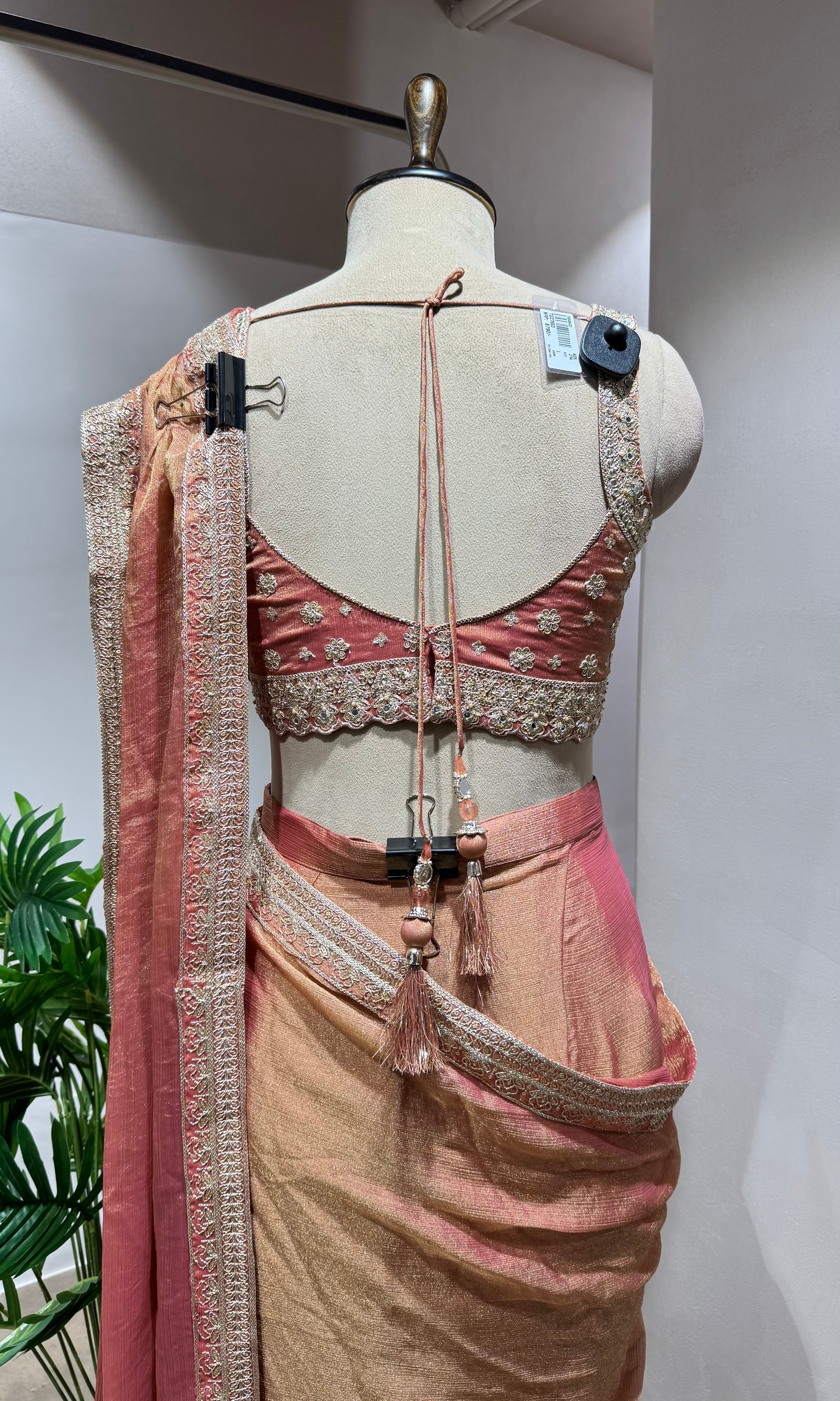 RUST PLEATED DRAPE Saree with EMBELLISHED Blouse