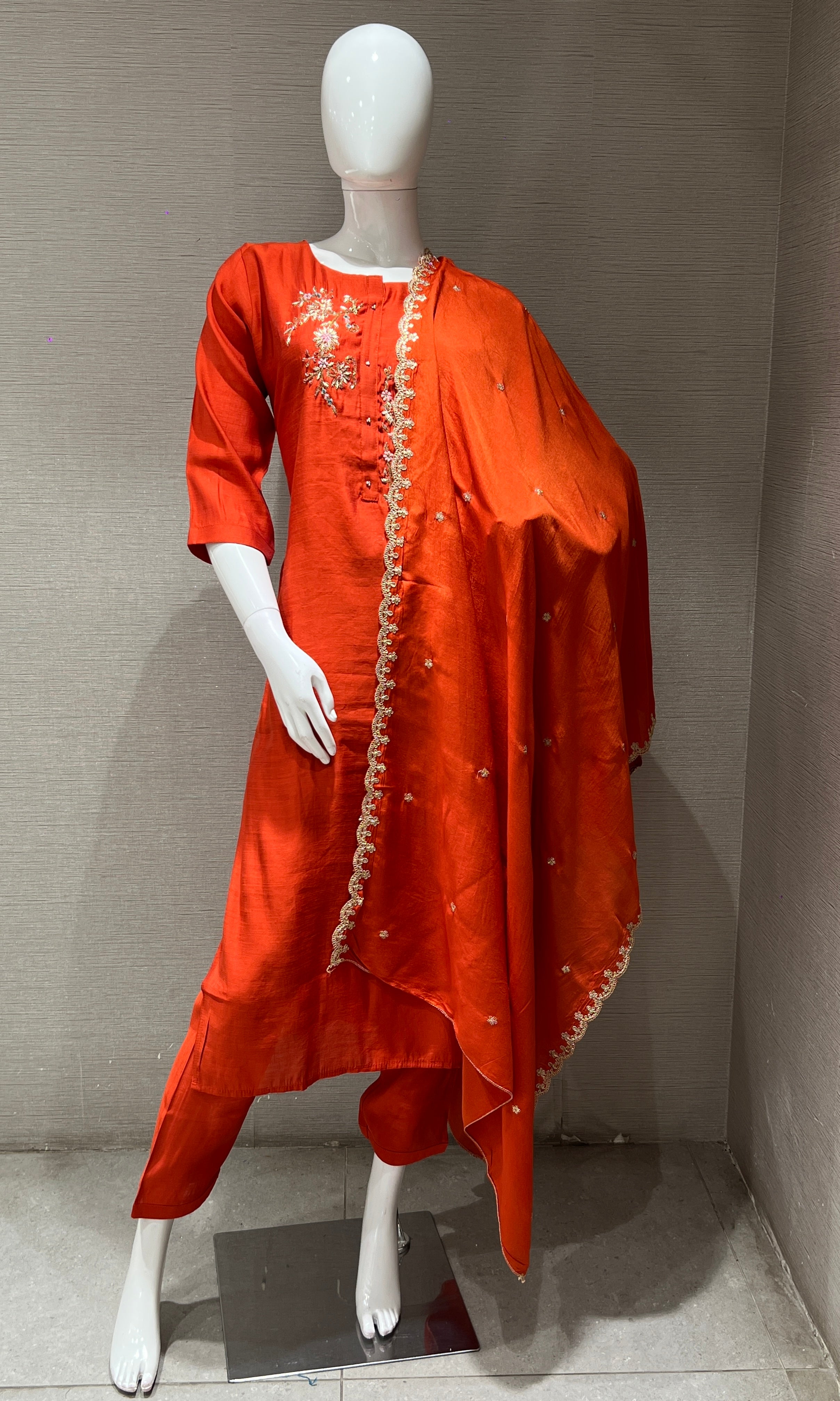 Rust Embroidered Kurta set with dupatta