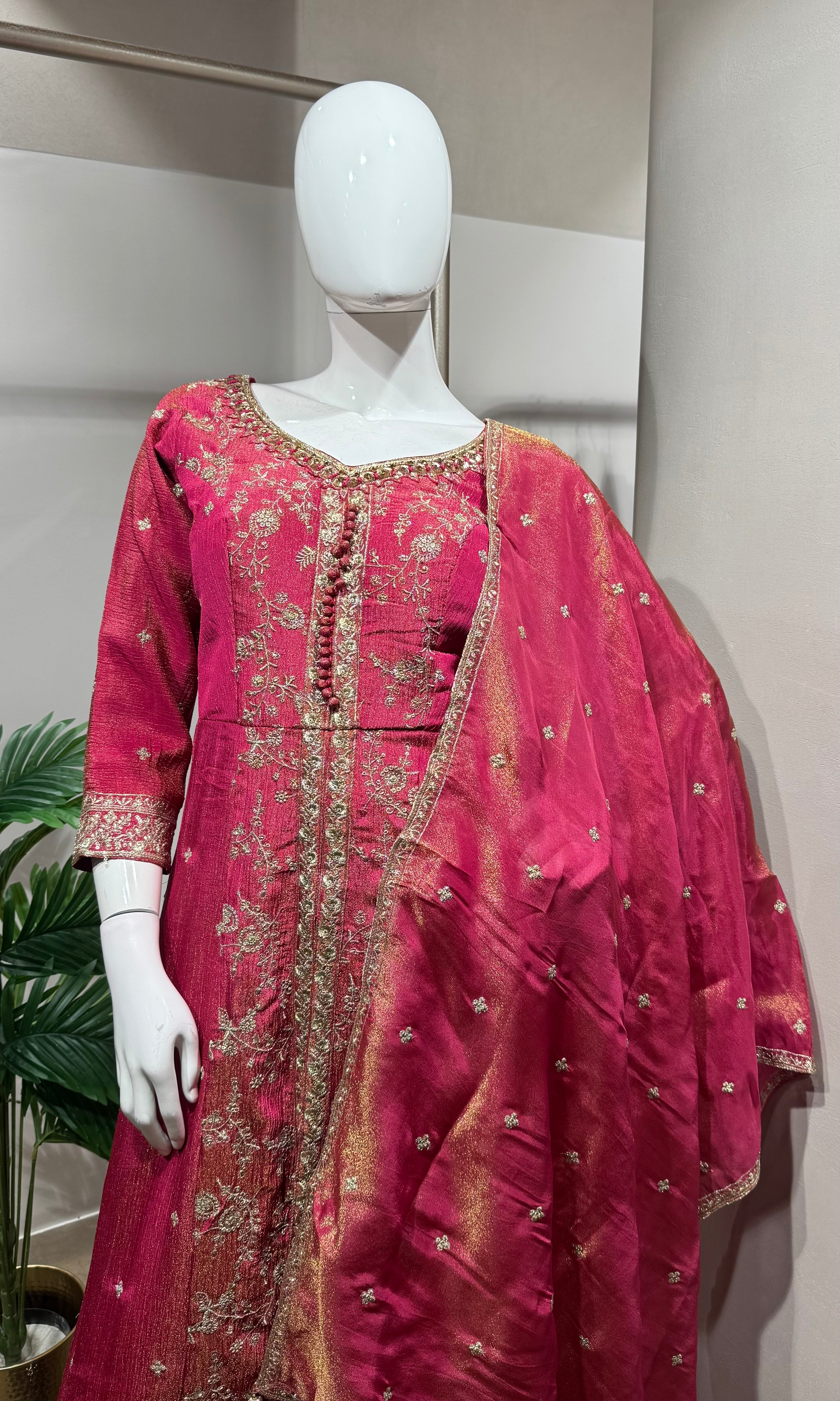 Pink Gold Embroidered Front-Slit Anarkali Set