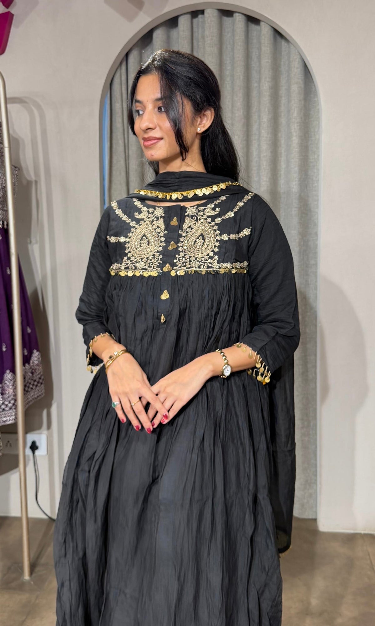 BLACK MUL CHANDERI KURTA SET WITH DUPATTA