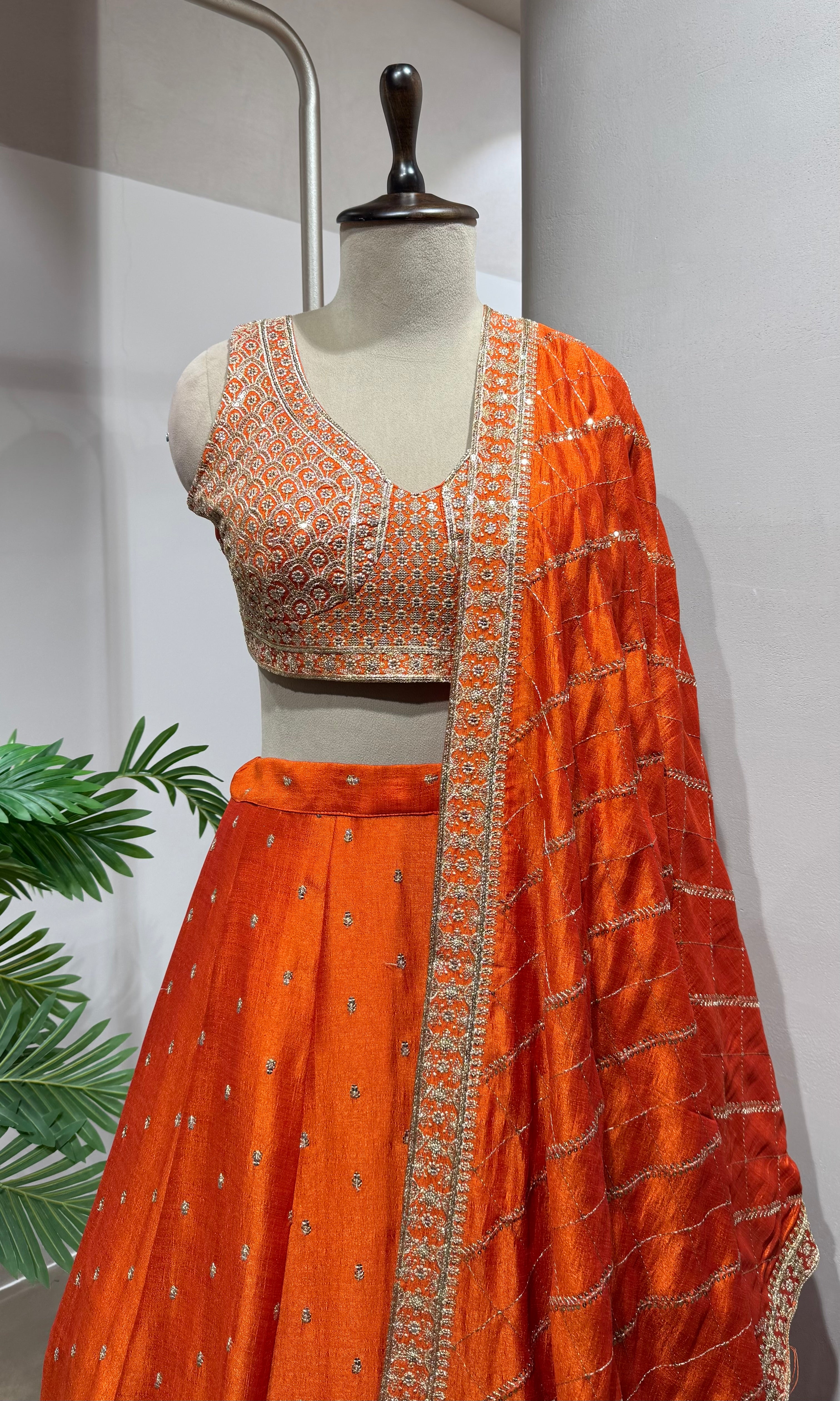 orange embroidered silk lehenga choli set