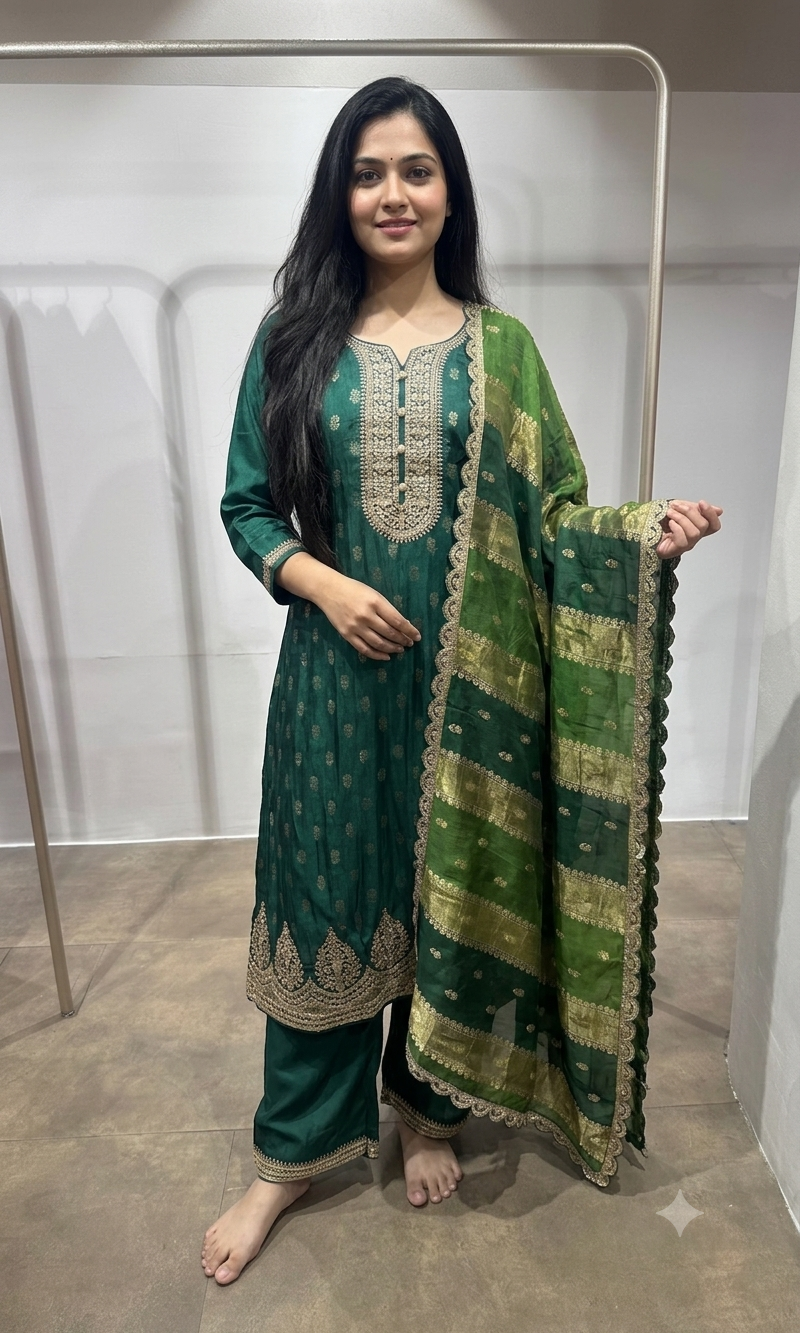 Green gold embroidered kurta set