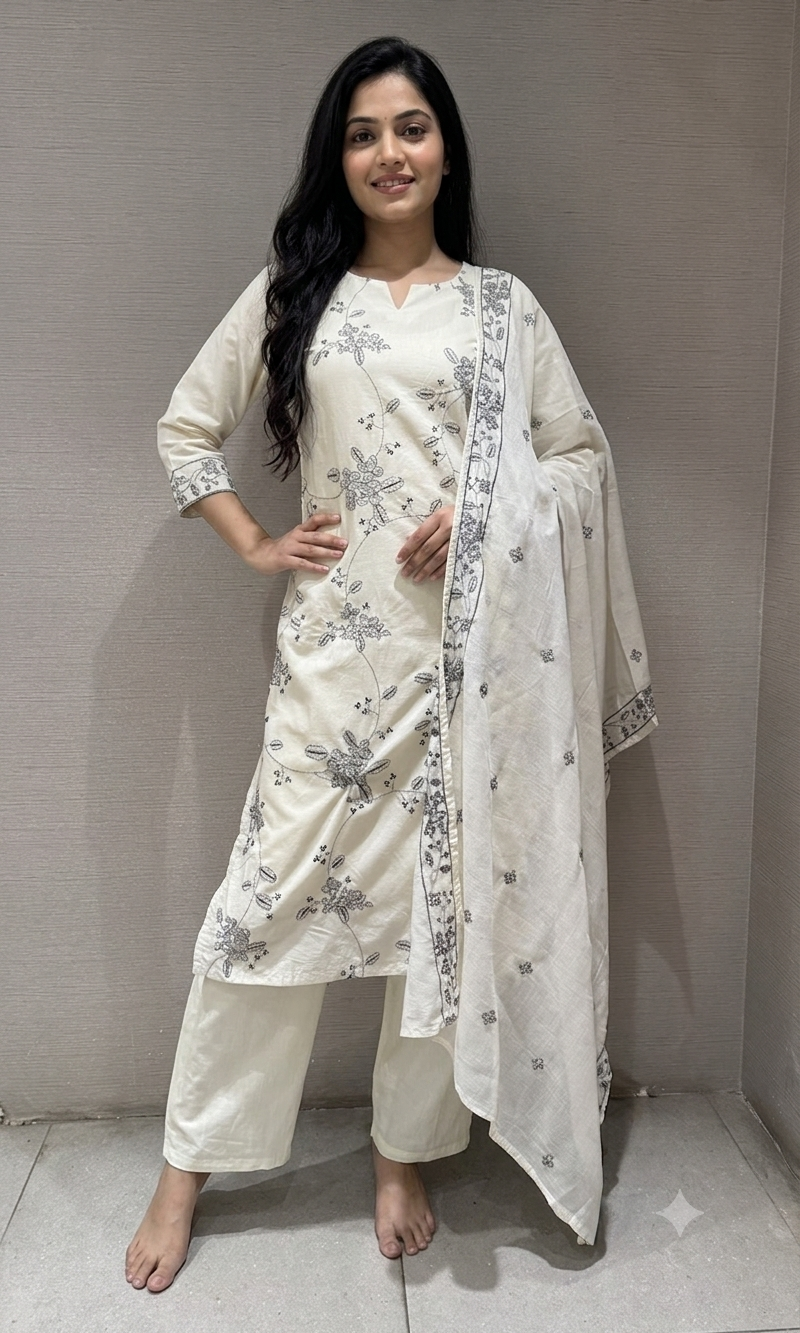 White Floral Embroidered Straight Kurta SET