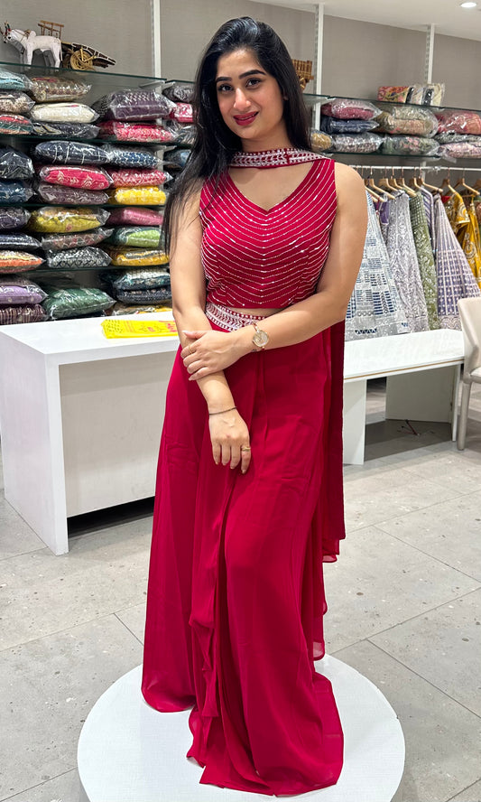 🍒Cherry Pink ,red long dress with crop top skirt and cape🍒