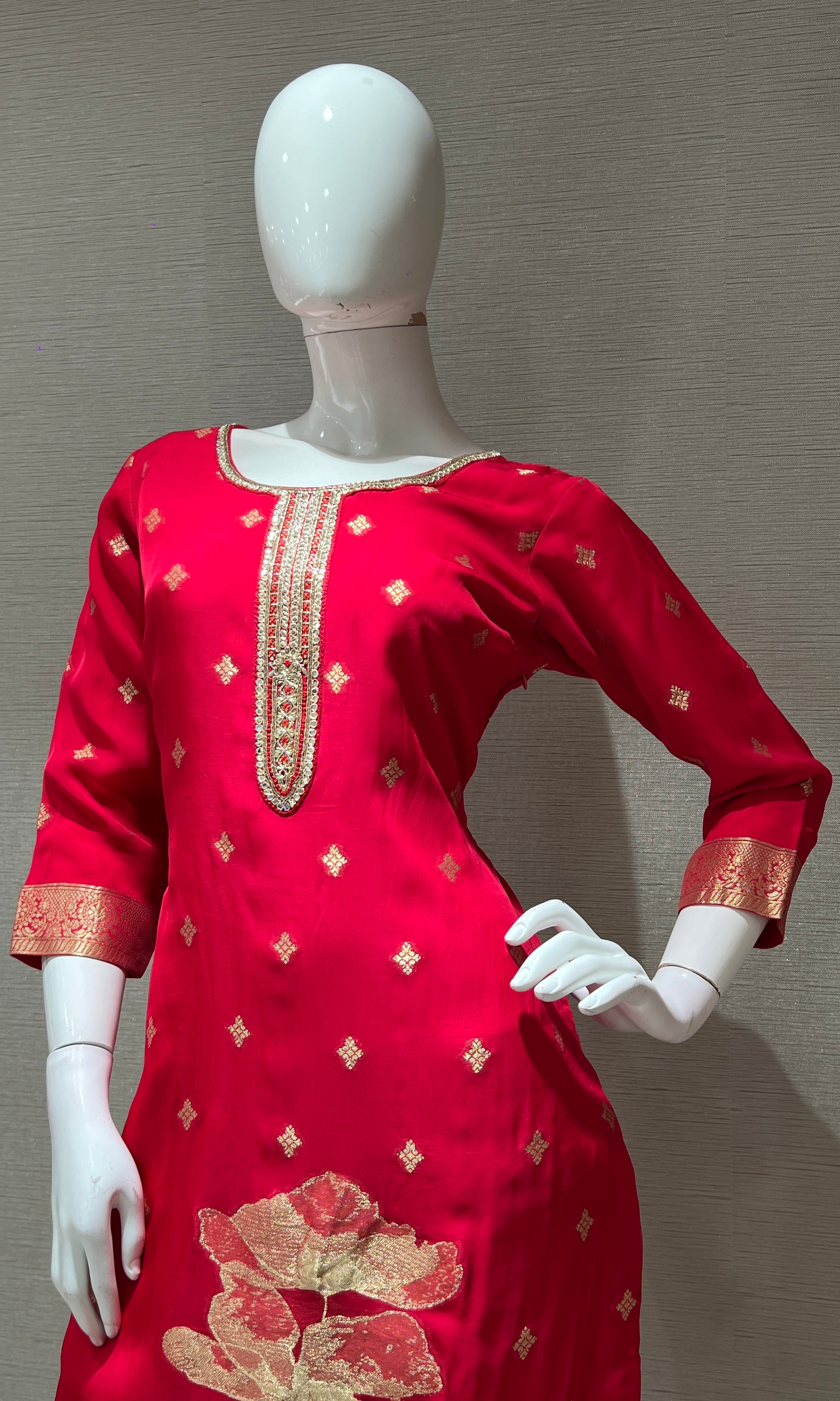 Rani pink golden floral kurta set