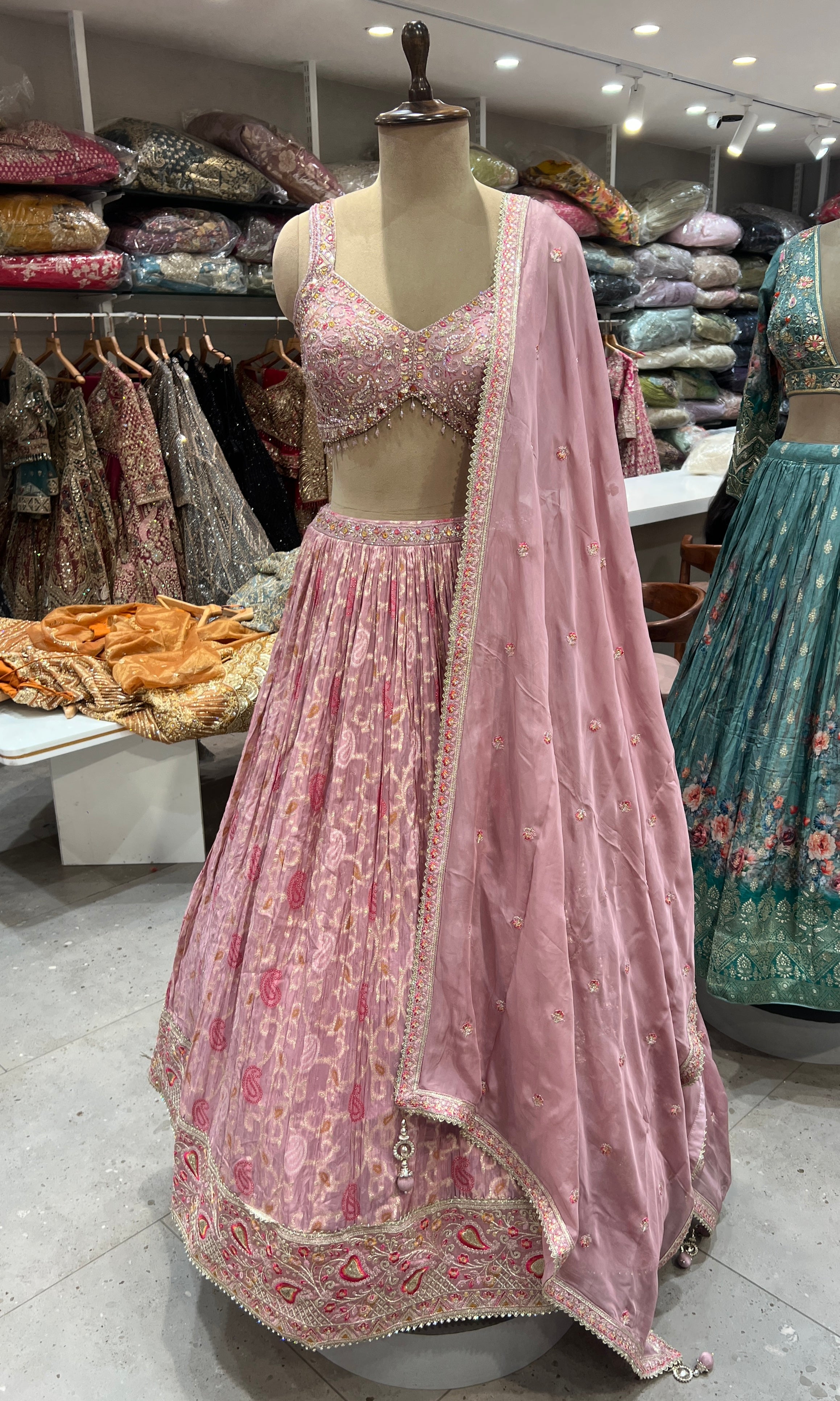 Onion Pink floral Embroidered Lehenga