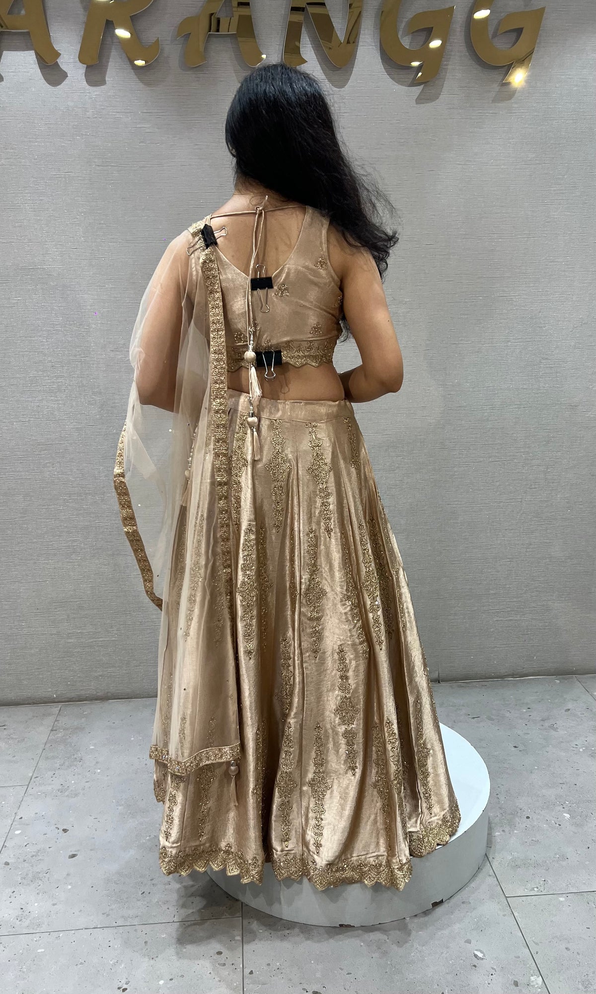 Gold Satin silk Embroidered Lehenga with Sheer net Dupatta