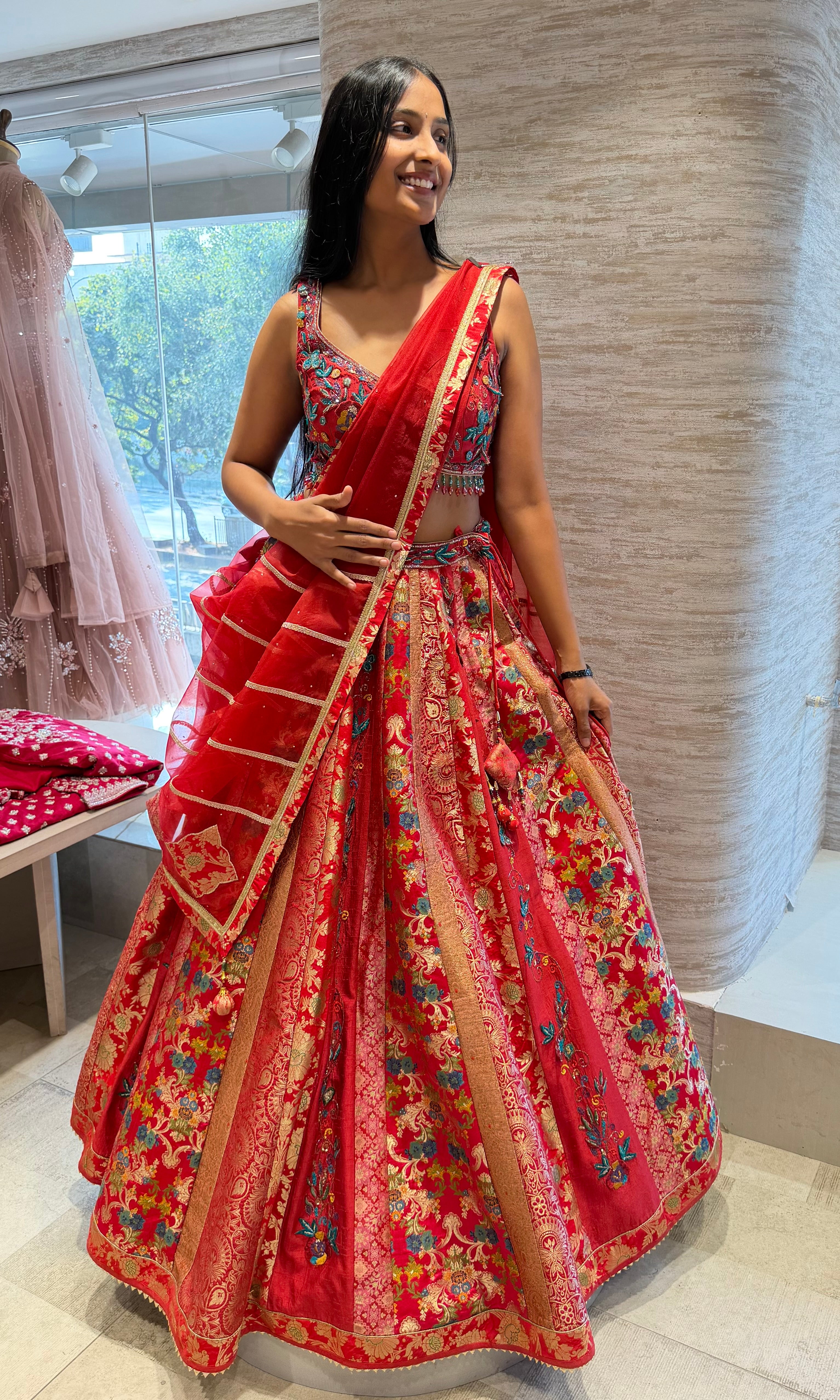 Red Floral Embroidered Lehenga Set