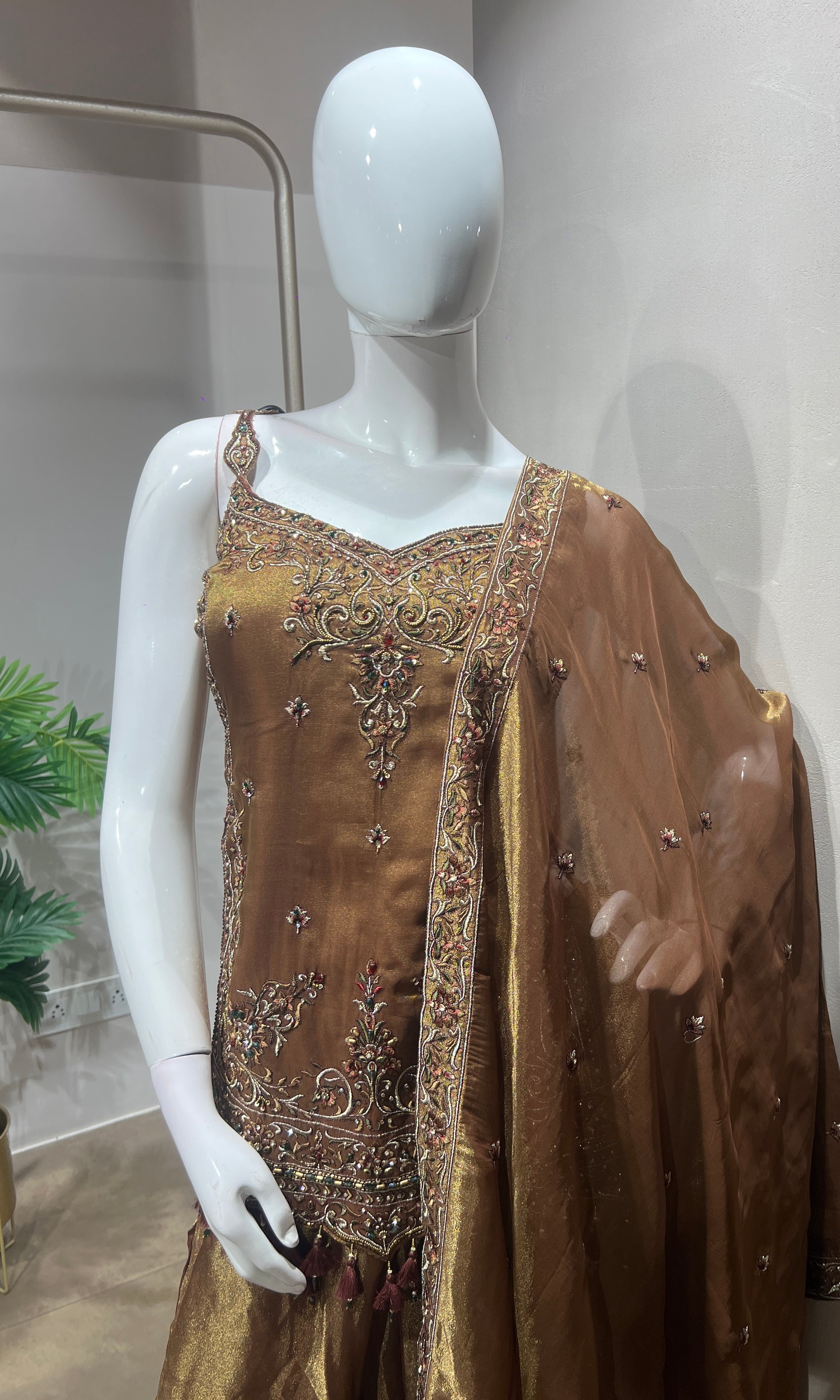 Brown Gold Shimmer Tissue A-Line Anarkali