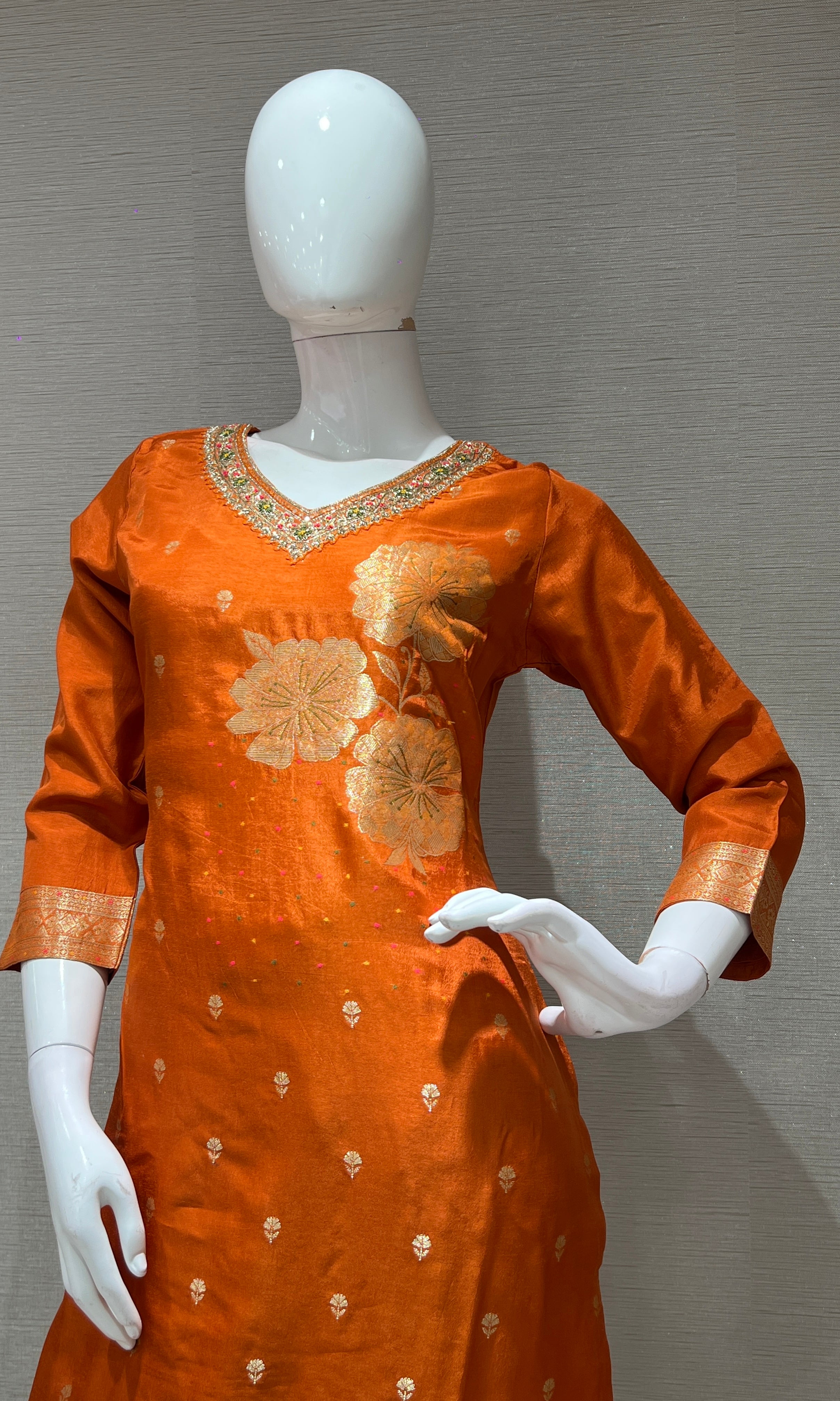 Orange golden floral Kurta Set