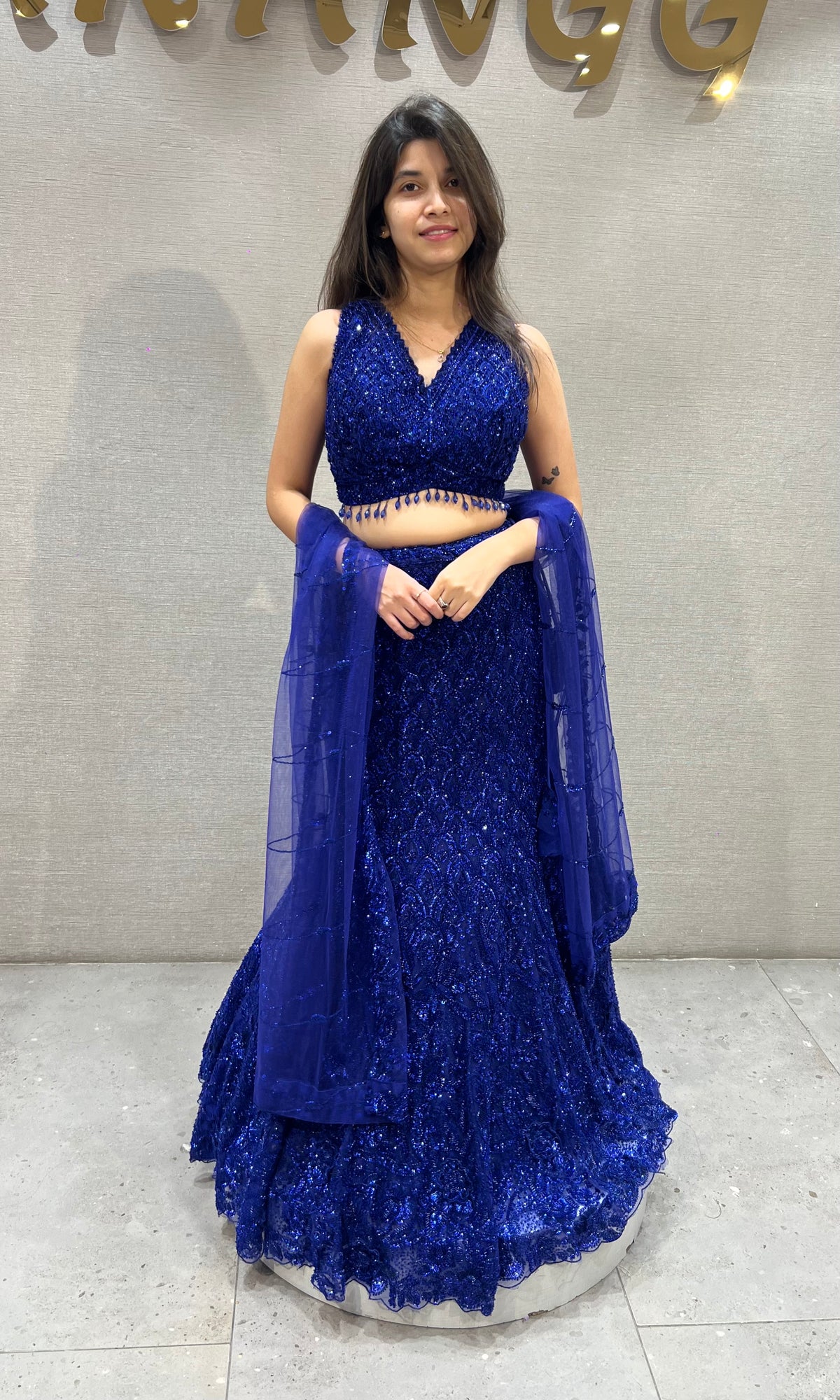 Royal Blue Sequined fish cut Lehenga Set with net dupatta