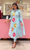 sky blue cotton silk Floral Motif Kurta set with dupatta