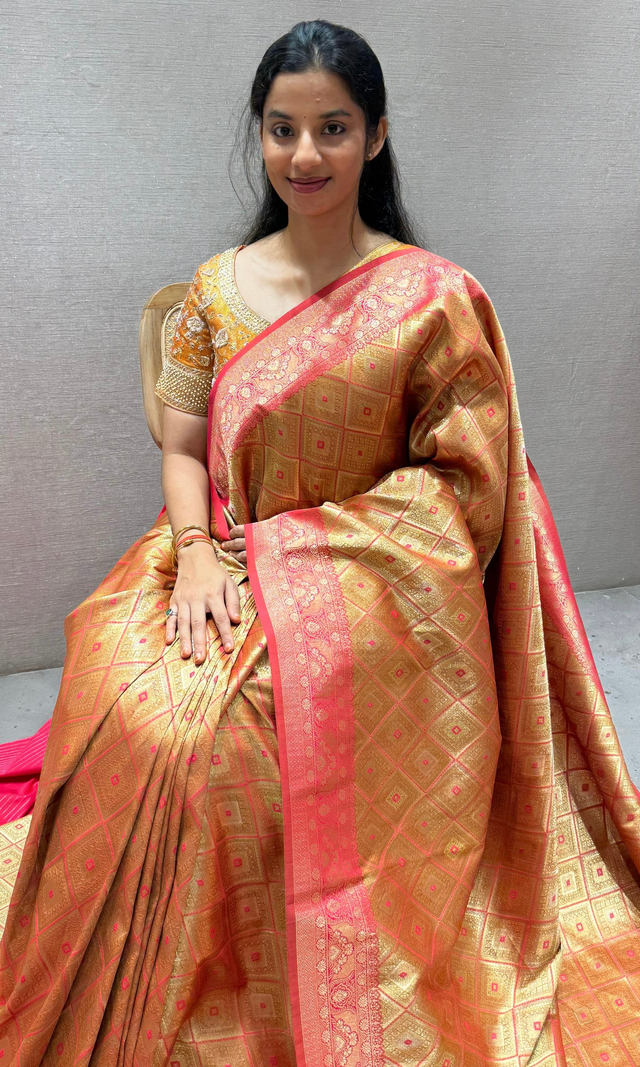 Pink saree with ready blouse
