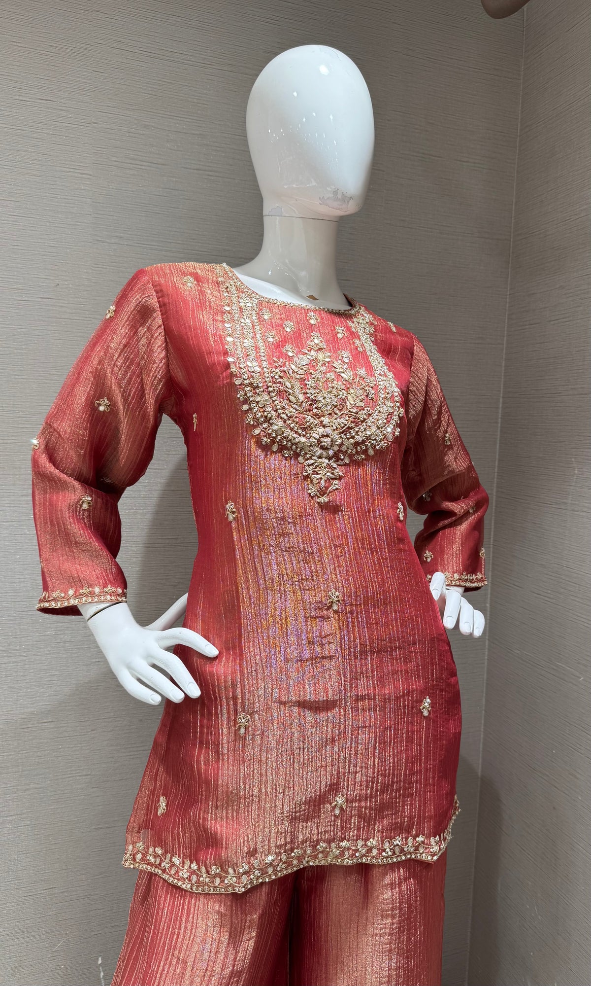 RUST TISSUE SILK EMBROIDERED SHARARA SET WITH DUPATTA