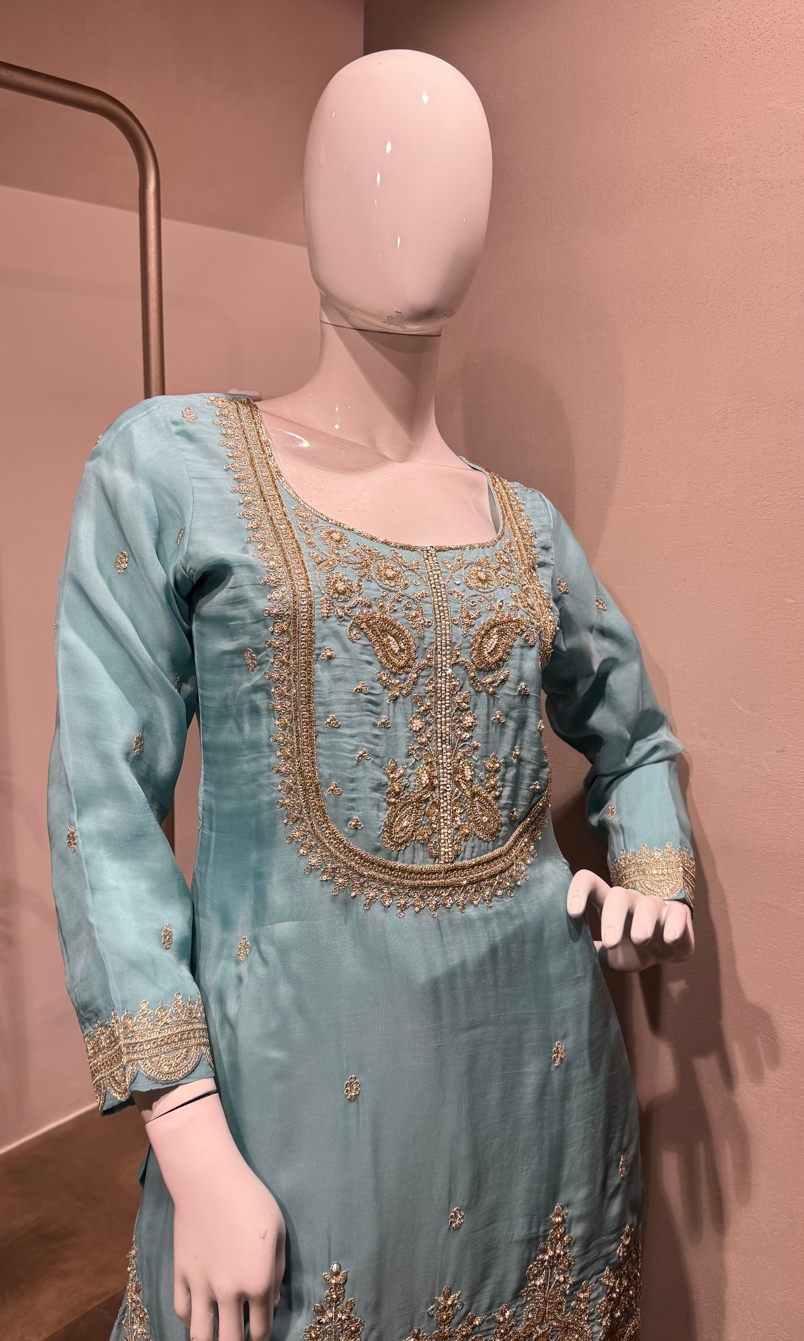 blue and gold embroidered sharara set