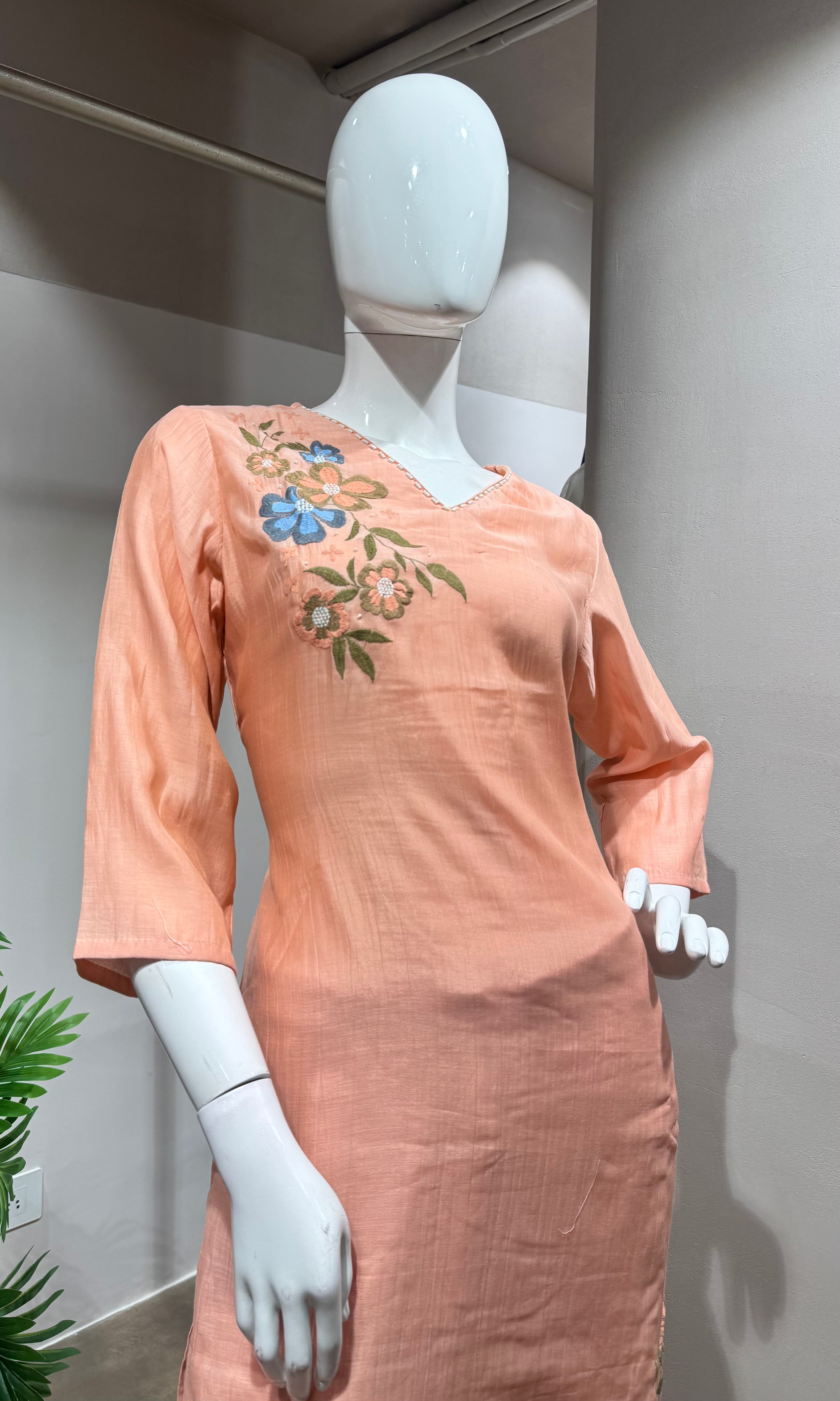 Peach Silk Kurti Set with French Knot