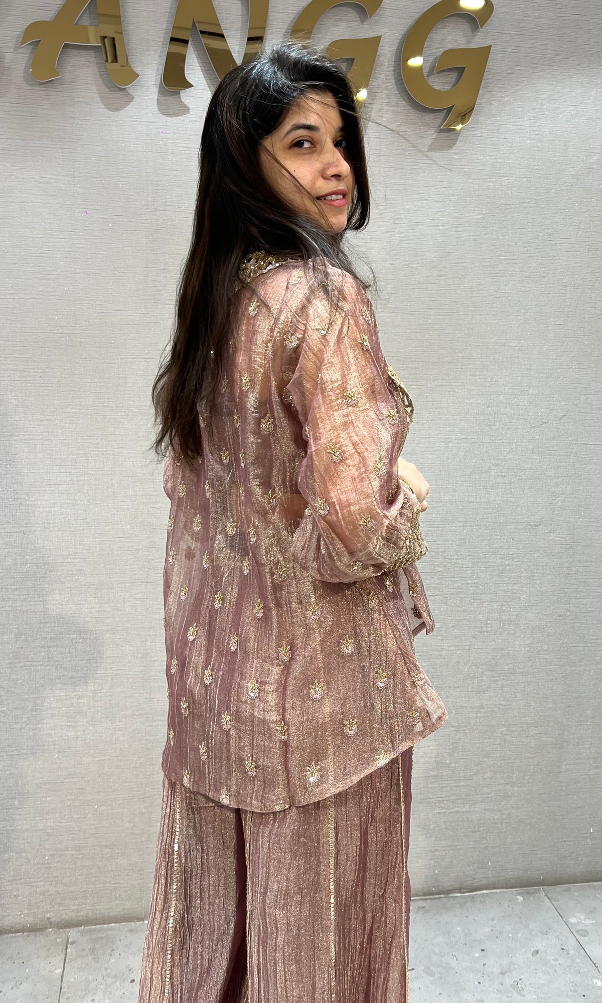 Elegant Rose Gold Shimmer Crop top Palazzo Set