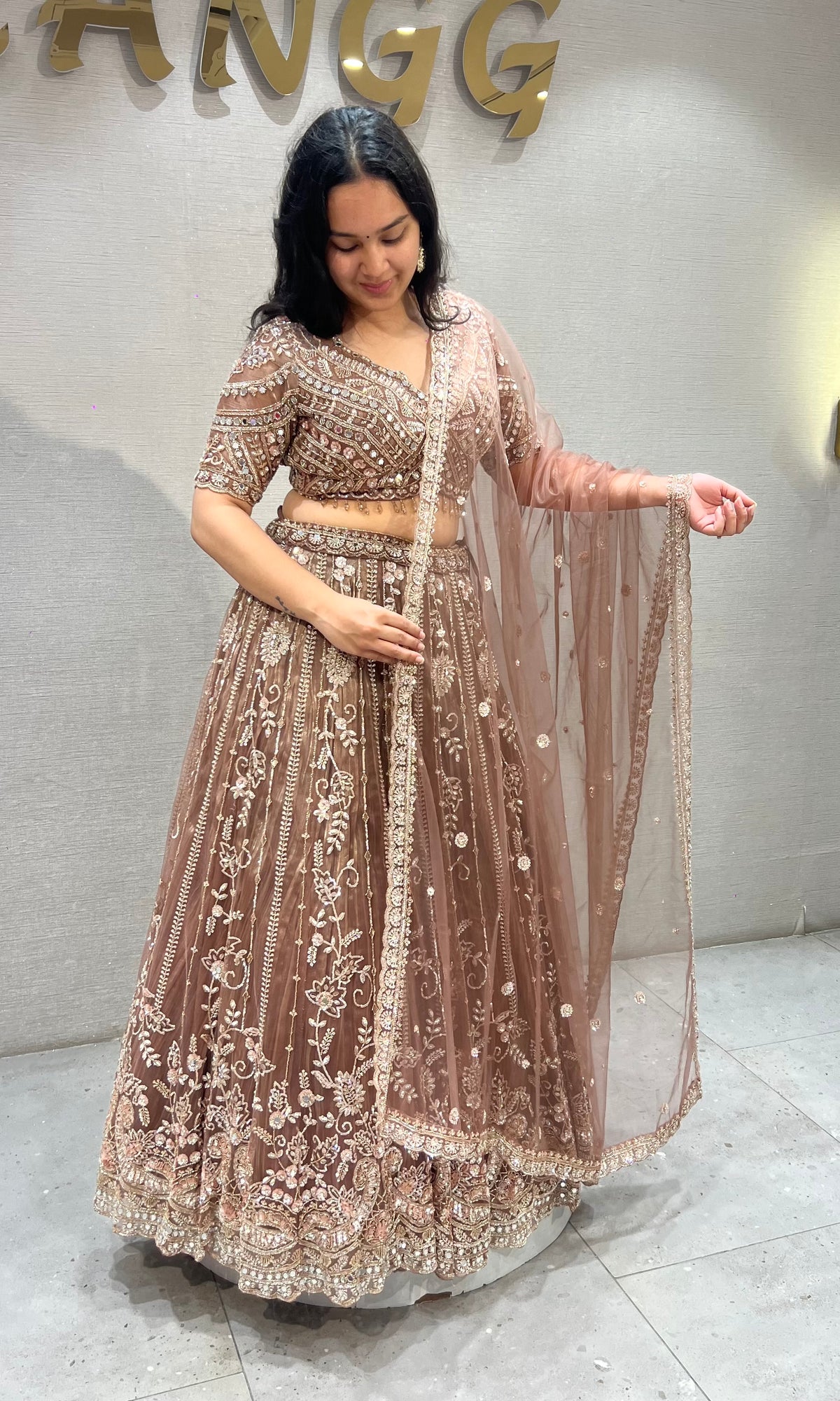 Mocha Brown Embellished Net Lehenga Choli Set